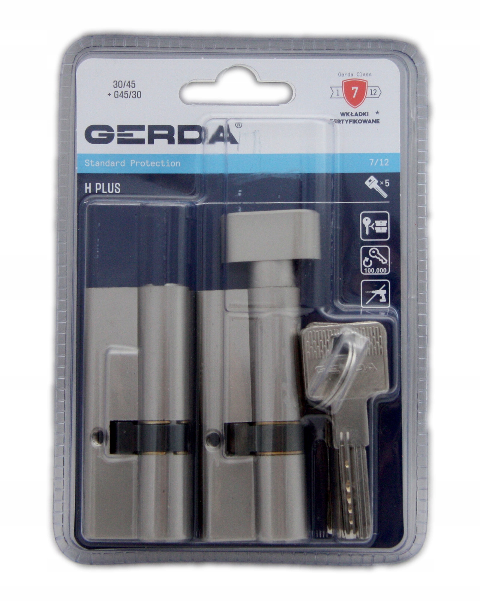 Komplet wkładek na jeden klucz 30/45 30/45G nikiel Gerda H plus
