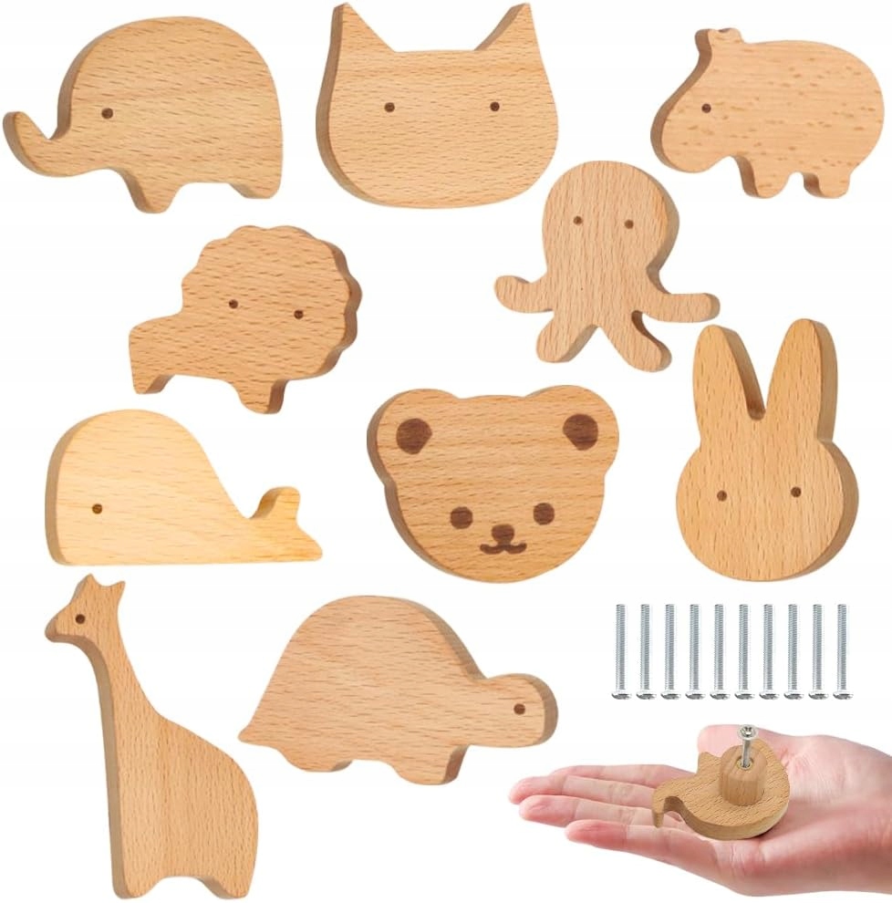 10 X Dřevěné Knoflíky Nábytková Úchytka Skříněk Zásuvky Dětský Pokoj Zvířátka