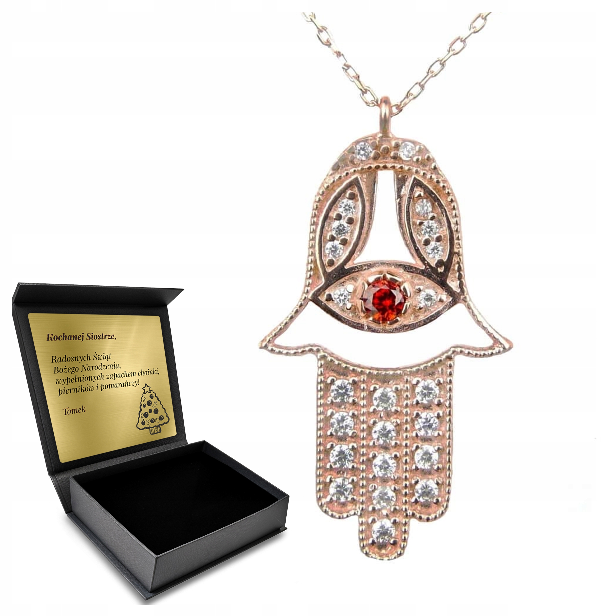 Řetízek Náhrdelník Zlatý Stříbrný Krásný Zirkony Amulet Ruka Fatimy Gravírování