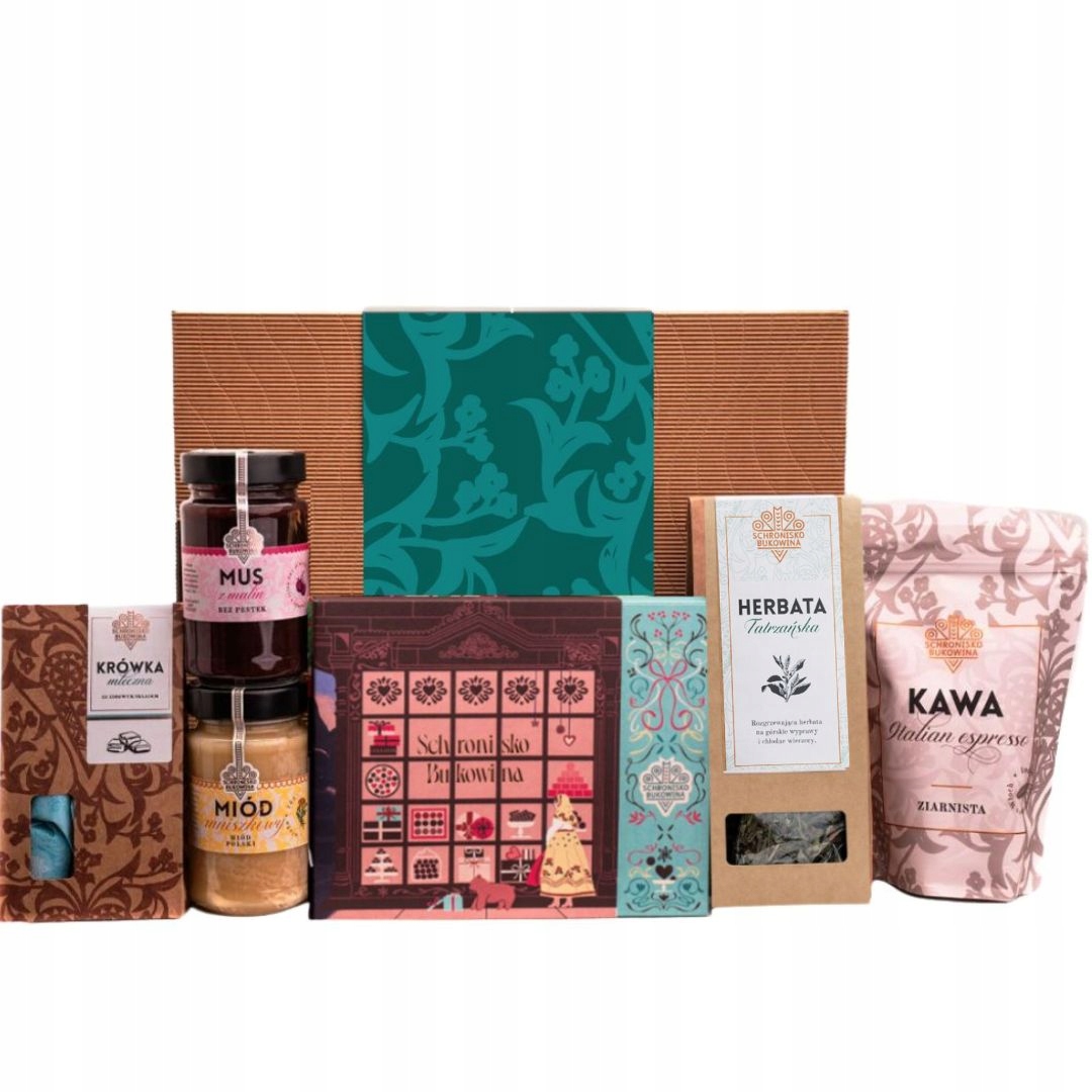 Levně Krabička dárek akce Schronisko Bukowina pralinky káva čaj med