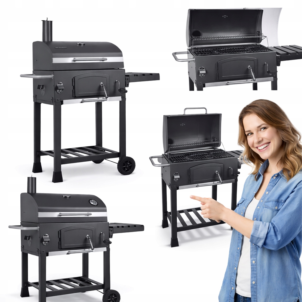 Grill Węglowy Ogrodowy Komin Żeliwny Ruszt 57 x 43cm Termometr Duży