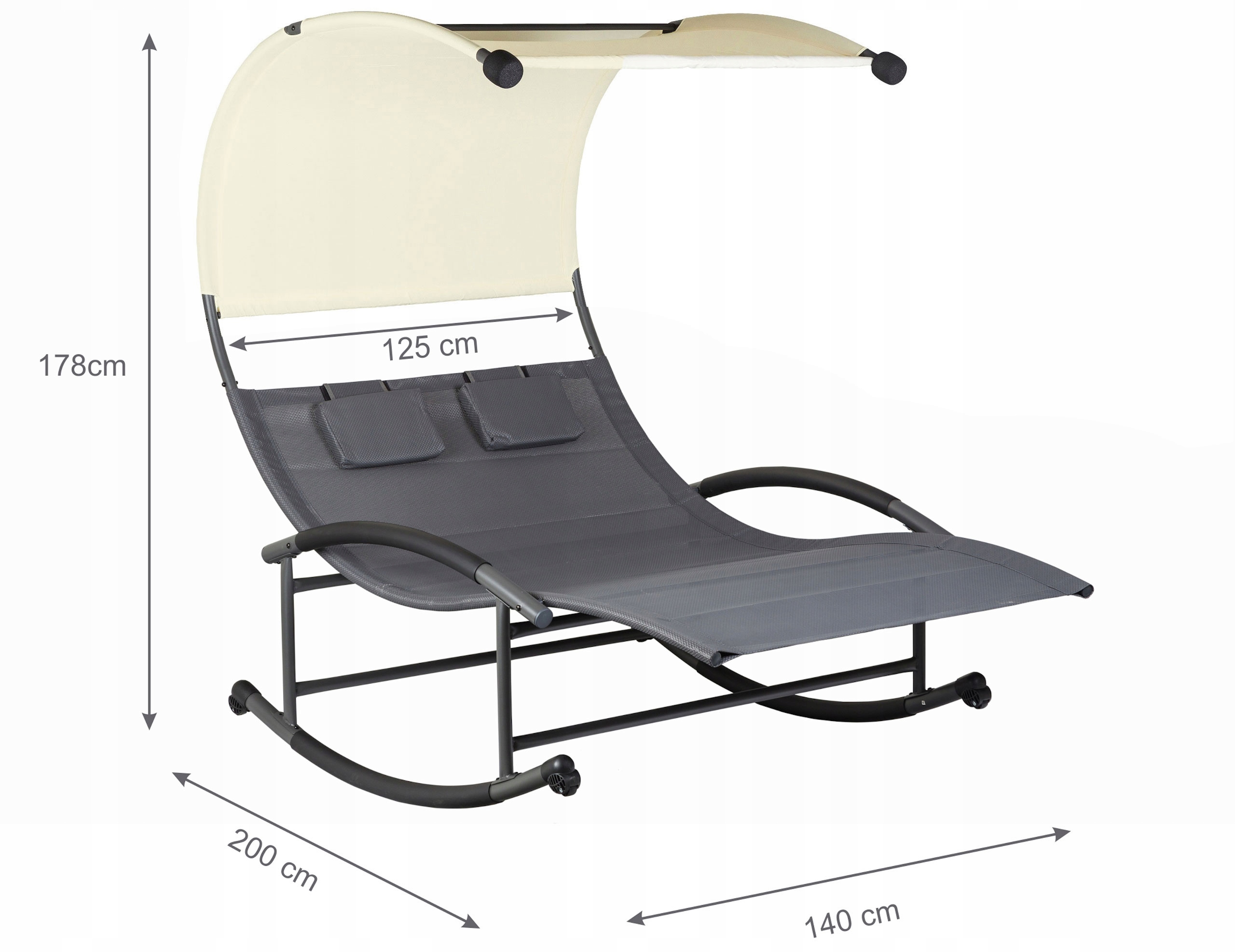 LEŻAK OGRODOWY Dwuosobowy XXL LEŻANKA NA TARAS BUJAK HUŚTAWKA Z DASZKIEM Wysokość oparcia 178 cm