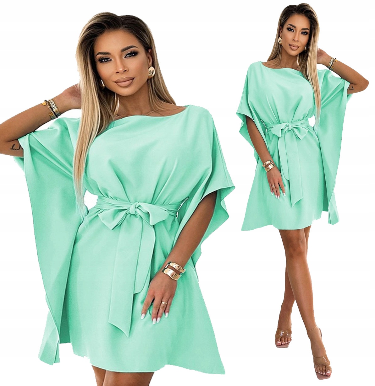 Krásné Šaty Motýl S Páskem Asymetrické Mátové Rukávy L/XL