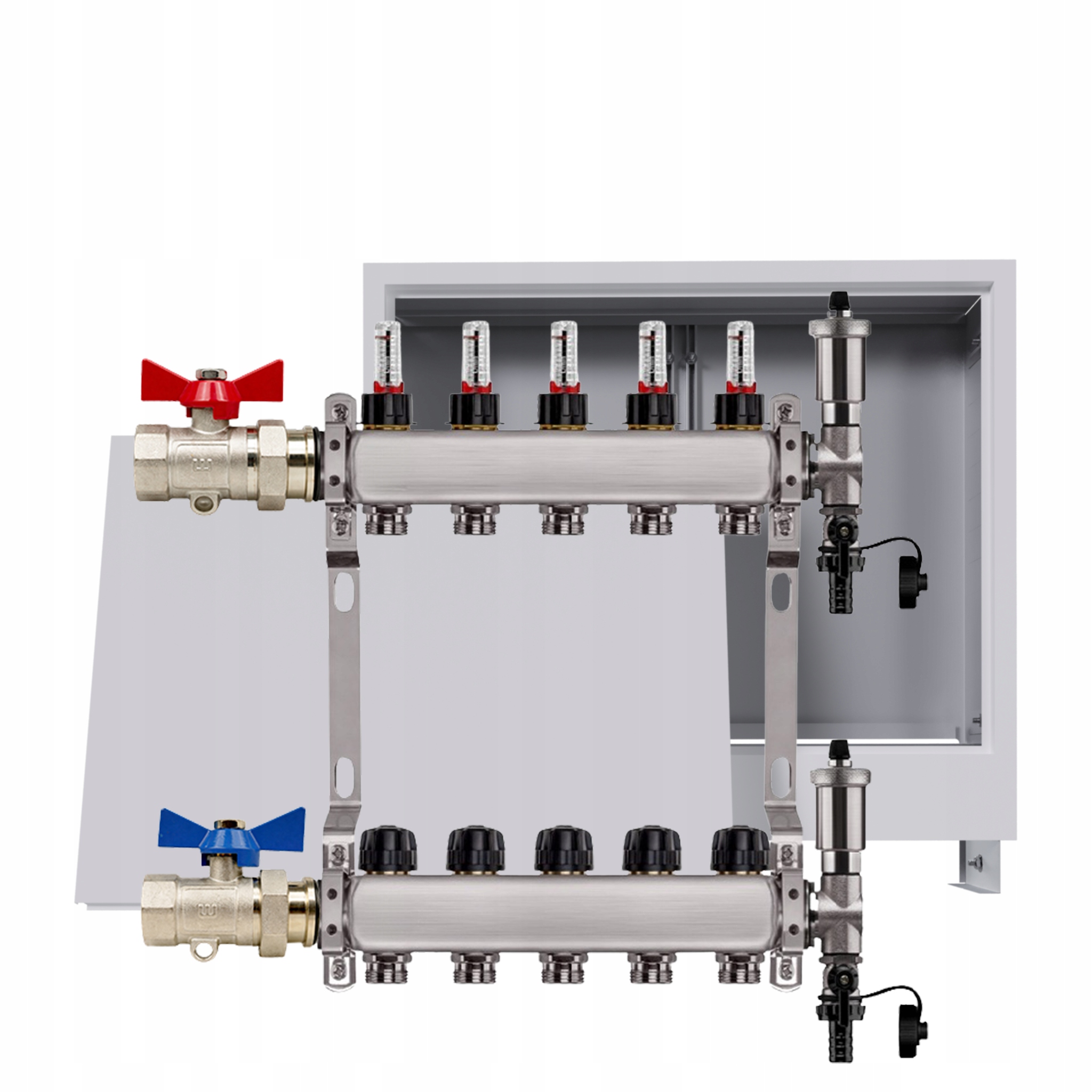 Rozdělovač nerezový Podlahovky 5 okruhů Podomítková skříňka Ventily