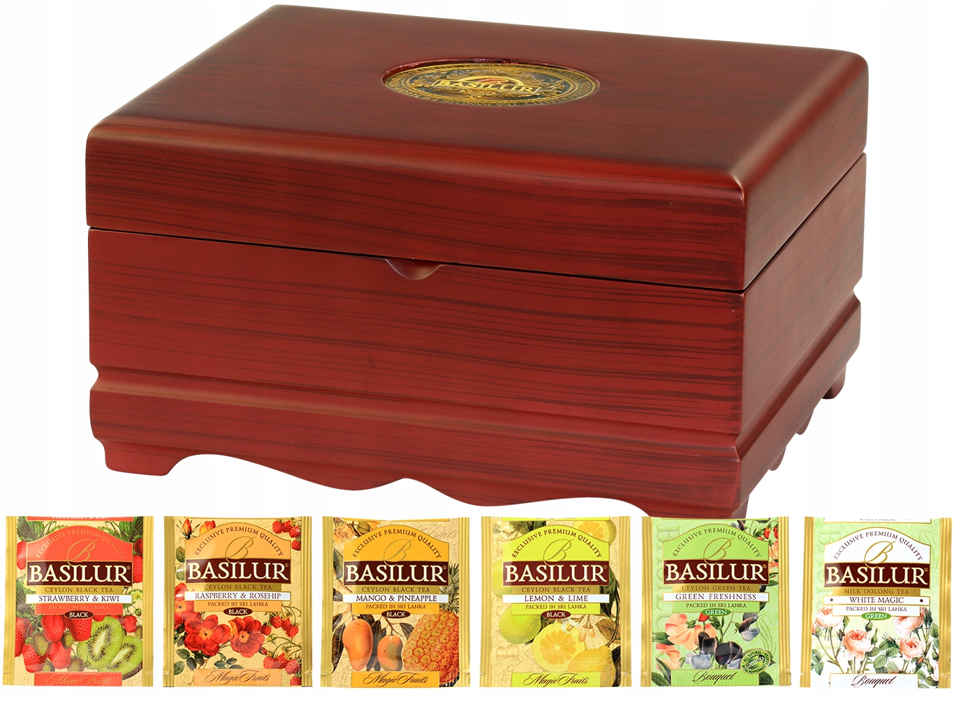 Levně Basilur Dřevěná Darková Sada Na 3 Čajové Nápoje, Dřevěný stojan 60 ks