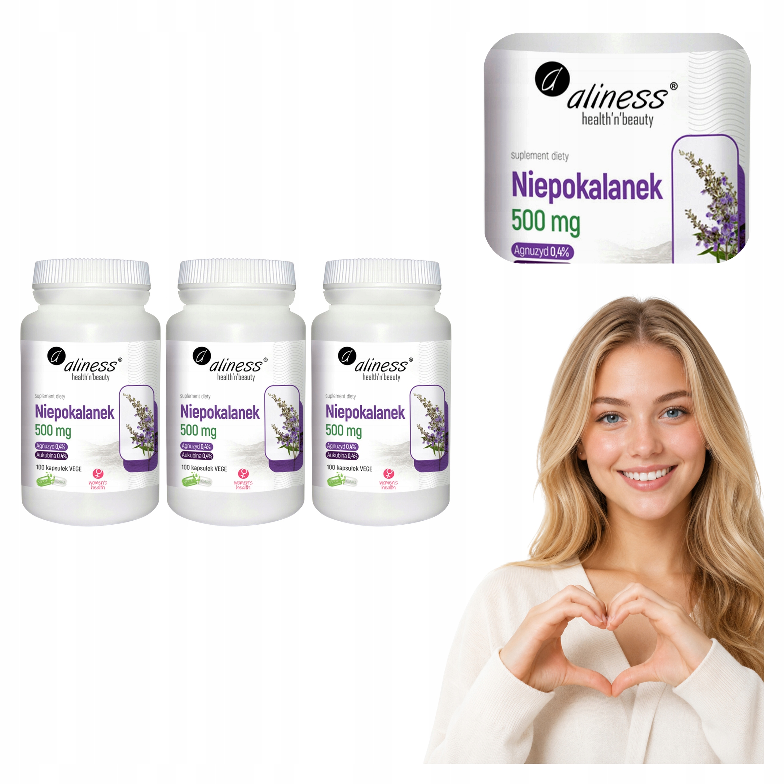 3x Ekstrakt Z Niepokalanka Aliness 500 mg 0,4% Aukubiny Vege Hpmc 300 kaps.