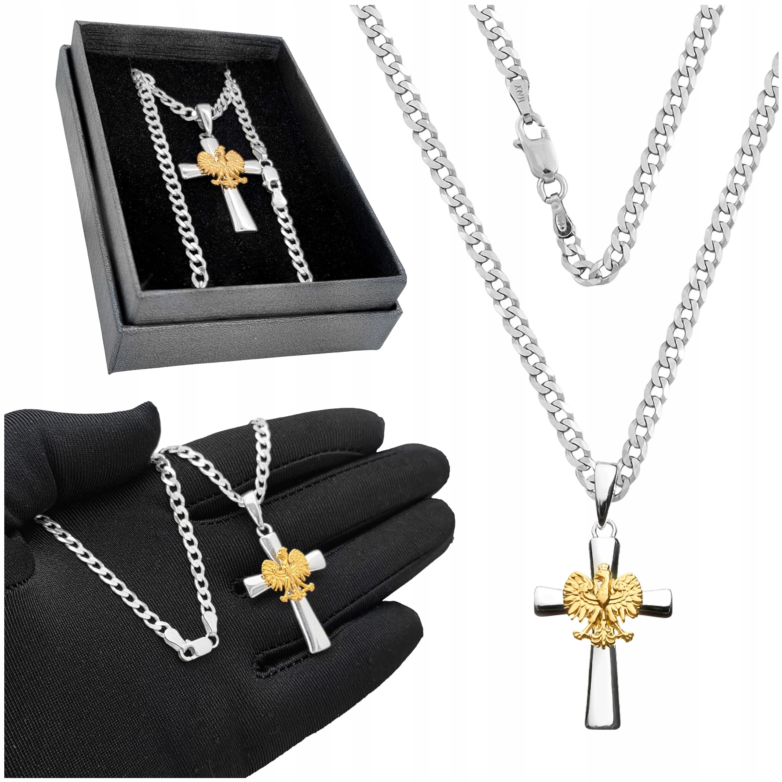 Stříbrný náhrdelník Pozlacený kříž Vlastenecký orel Vazba „pancr“ 50 cm