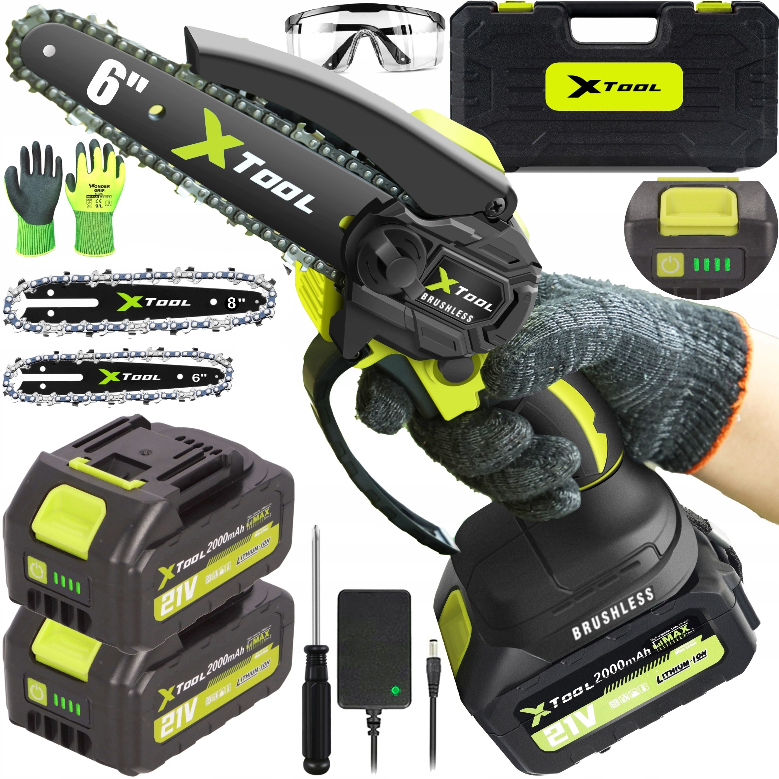 Piła Akumulatorowa Łańcuchowa 6" Bezszczotkowa Do Gałęzi 2x Aku 21V 2000mAh