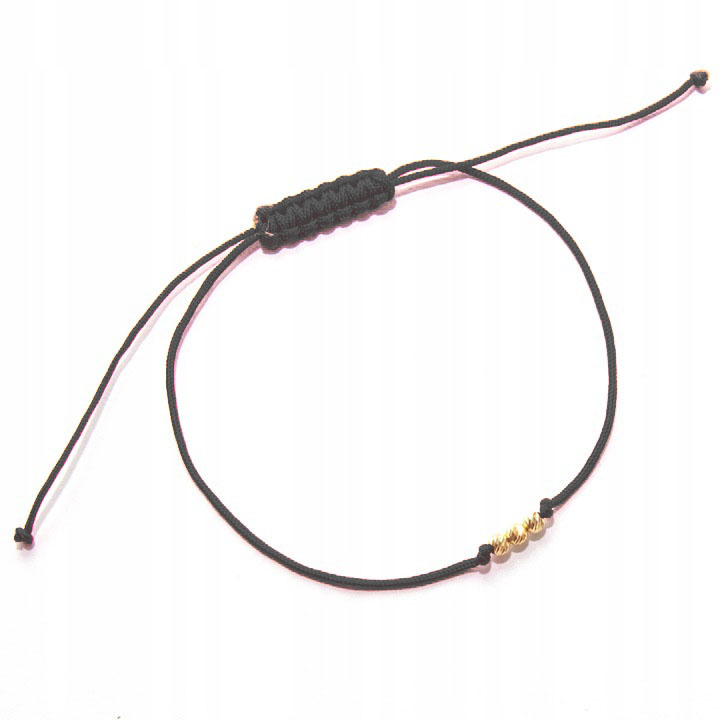 Zlatý náramek na provázku, trojitá kulička, zlato 585, černá, štěstí