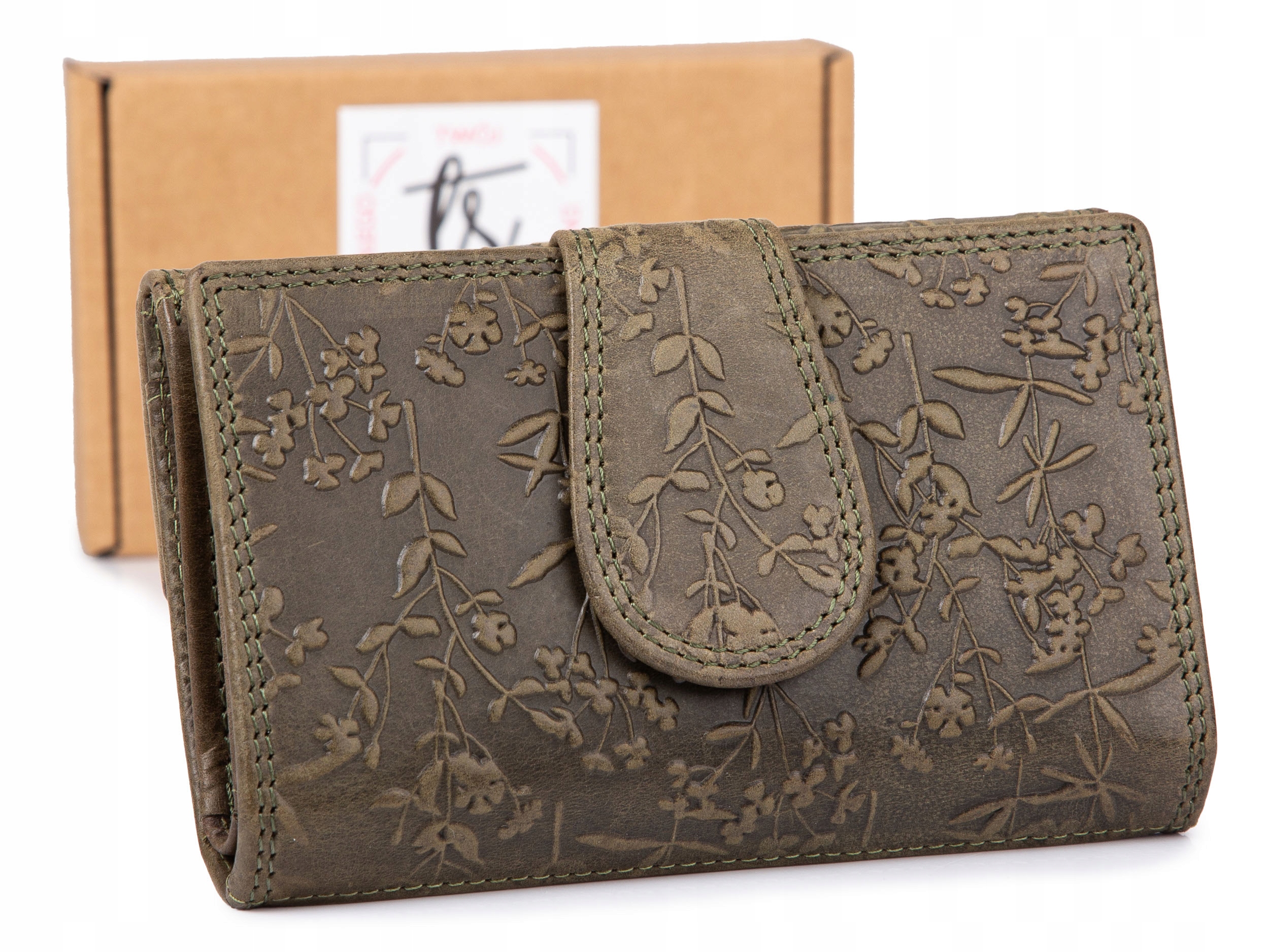 Dámská kožená peněženka lisovaná do vintage květin, velká, matná zelená