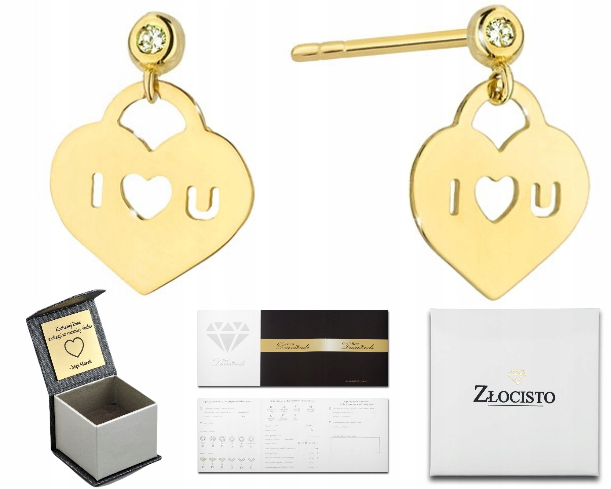 Zlaté Náušnice S Brilianty A Závěsnými Srdíčky