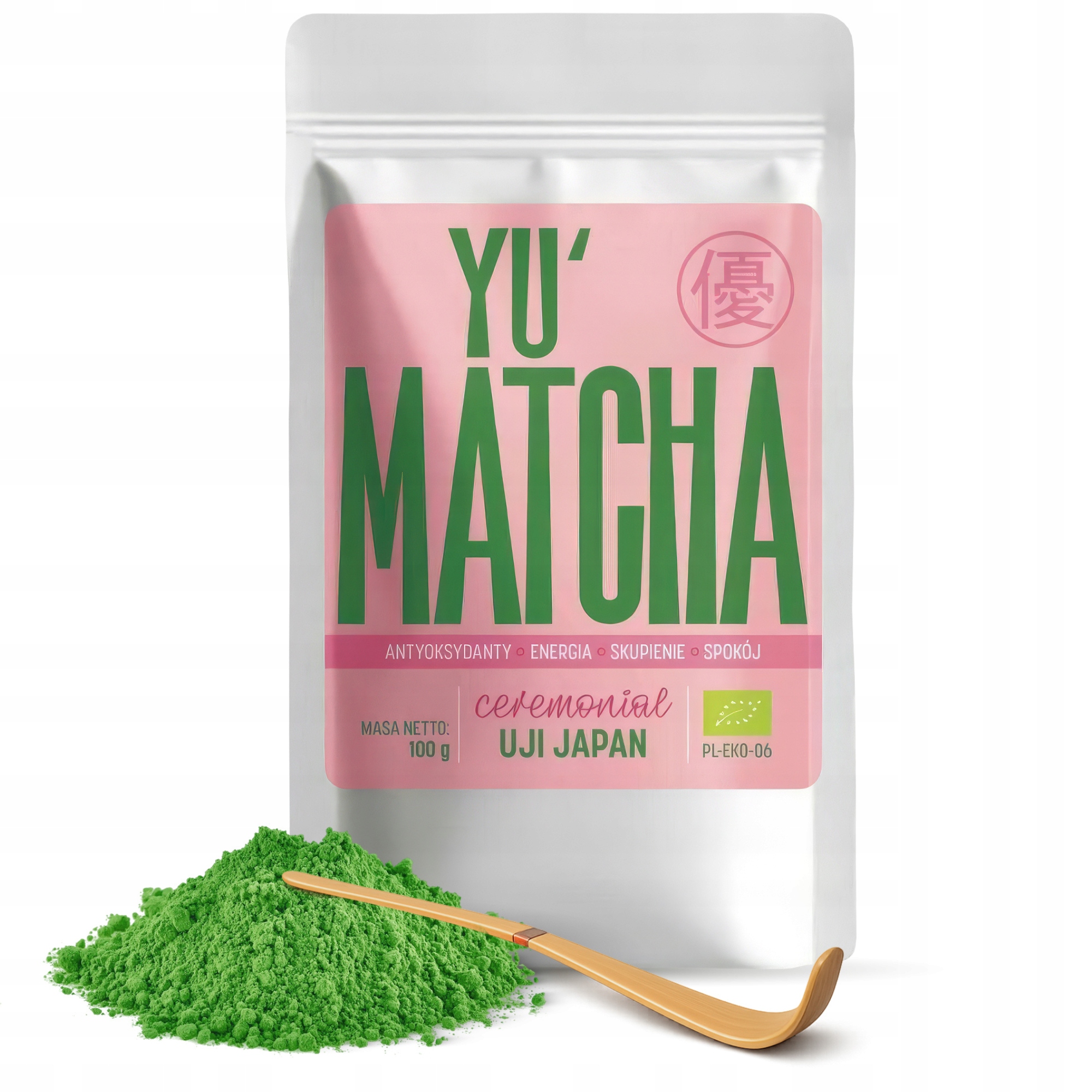 Matcha ceremonialna japońska Uji Bio 100g herbata w proszku łyżeczka