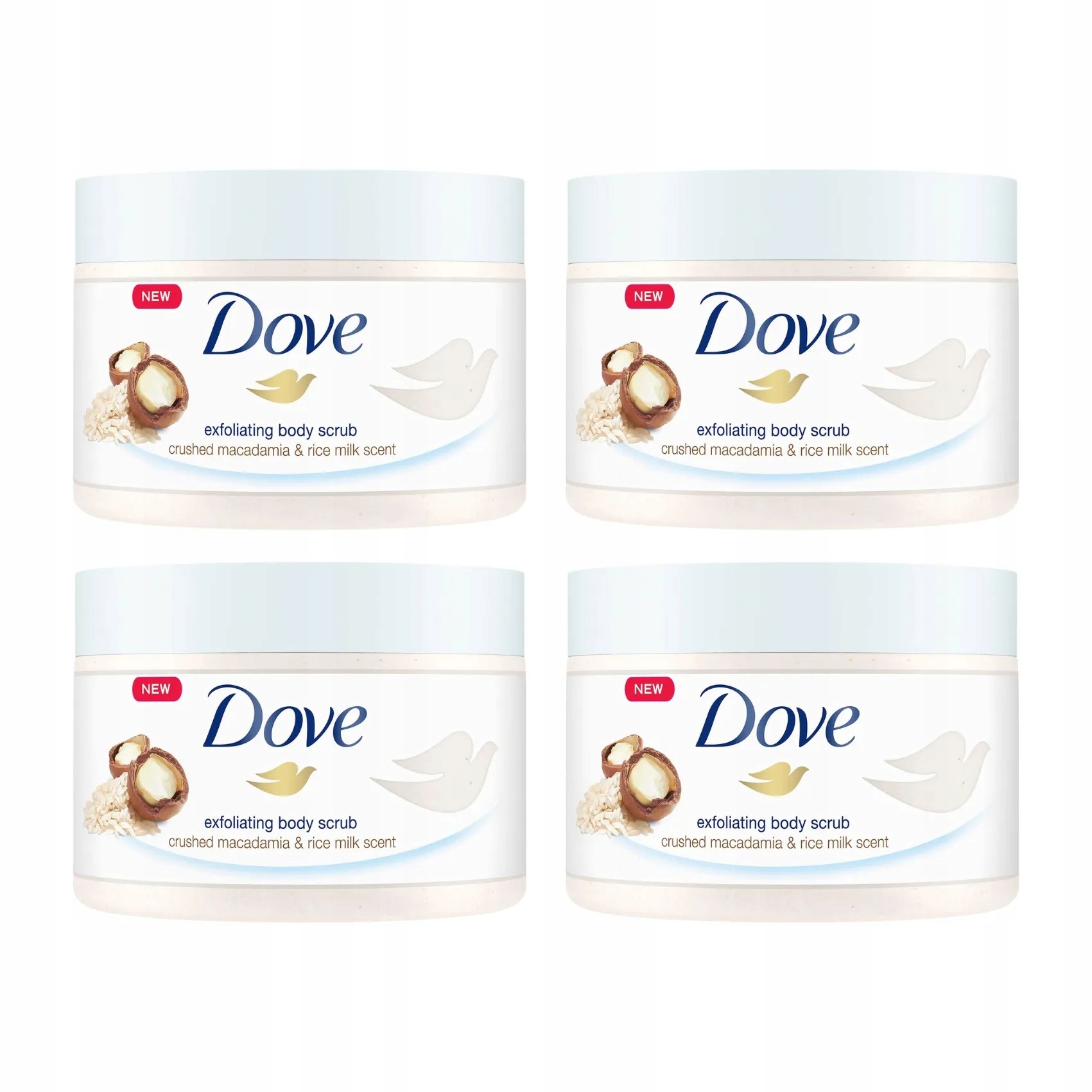4x Dove Macadamia a Rýžové mléko sprchový peeling 225 ml