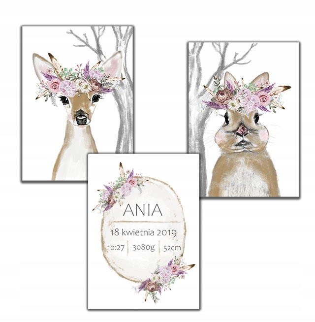 

3 sz Plakat plakaty sarna królik boho metryczka a3