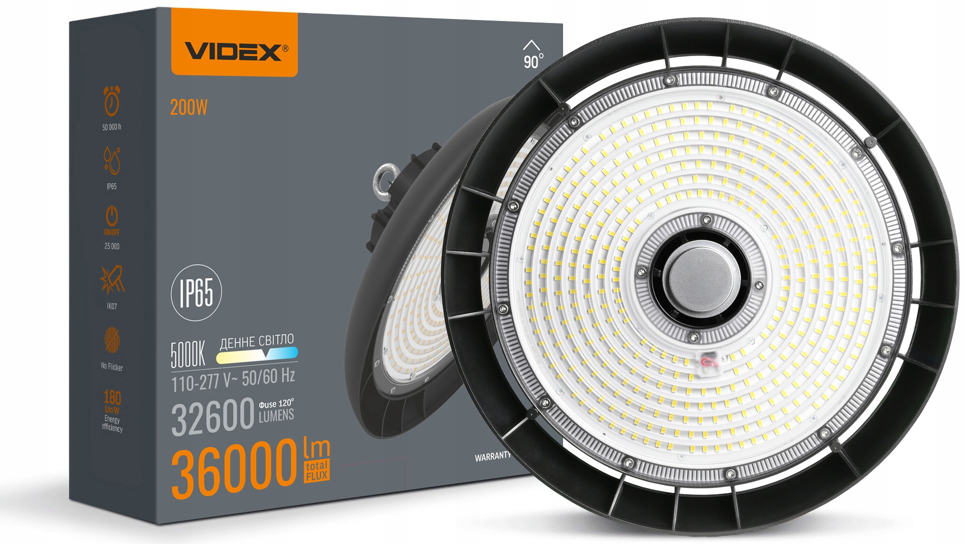 Průmyslová lampa High Bay kulatá Videx 200 W, výkonná, skladový zdroj Led