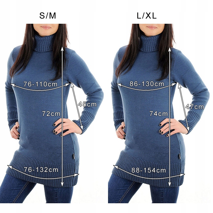 DŁUGI CIEPŁY SWETER GOLF DAMSKI GRAFITOWY L XL Dekolt golf