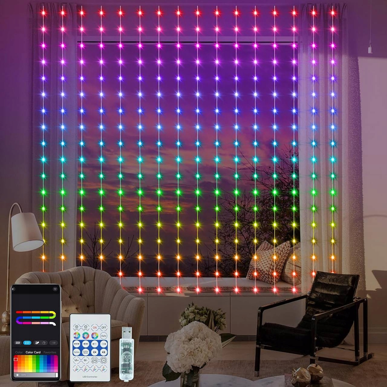 Kurtynowe Lampki intelegentne Led Rgb 300 – 3x3 m, Usb, Smart App i Pilot