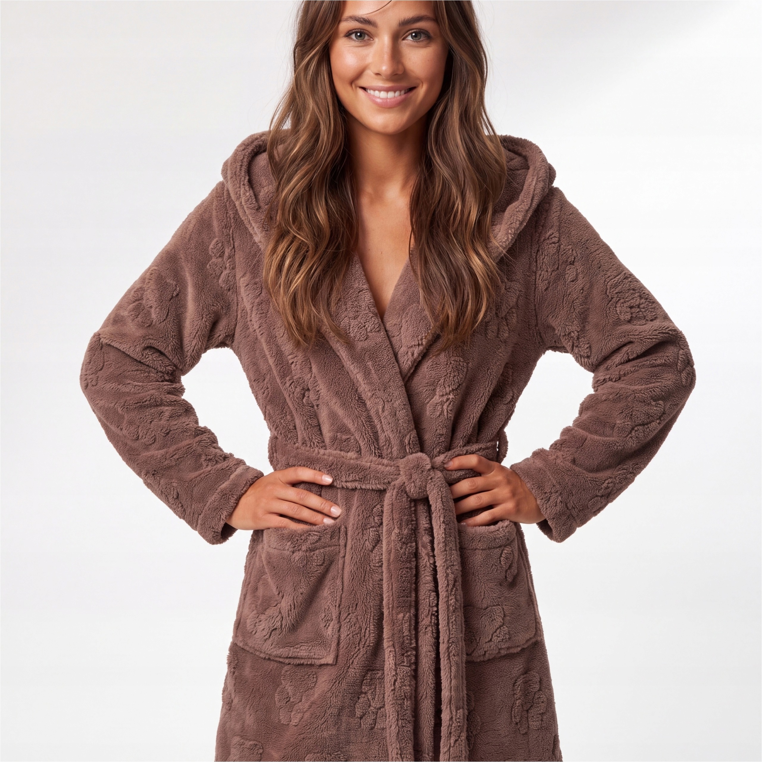 Fibi župan 2634 M hnědý polyester 100% s kapsami a dlouhým rukávem