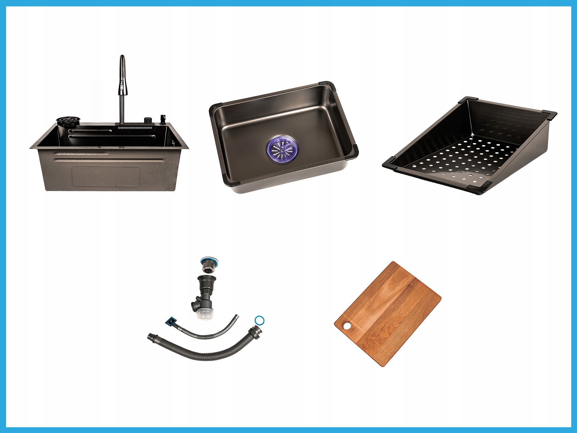 Zlewozmywak JEDNOKOMOROWY WIELOFUNKCYJNY z WODOSPADEM WYCIĄGANA WYLEWKA 3W1 Krótszy bok 45 cm