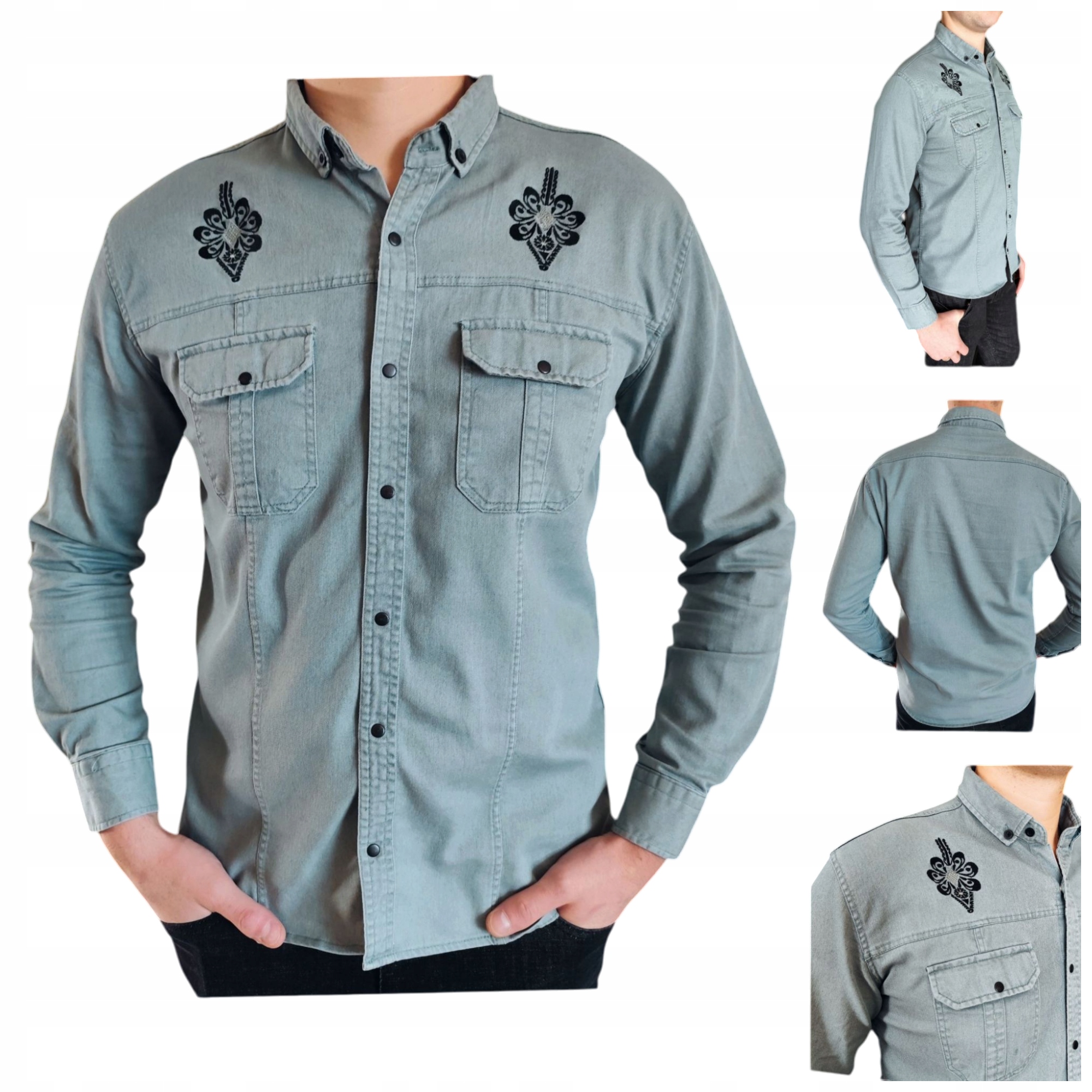 Pánská ležérní košile Slim Fit s výšivkou typu snapy elegantní Folková zelená 5XL