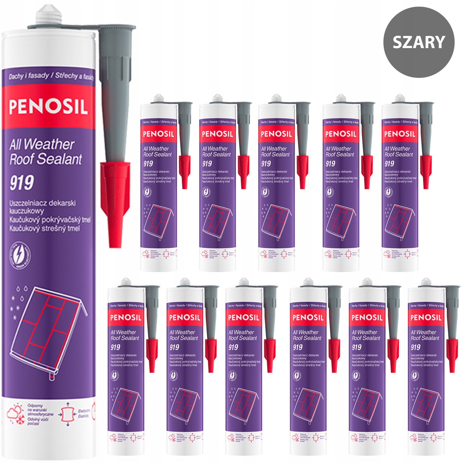 12 x Dekarski tmel Penosil 919 Šedý Lepidlo Silikonové na netěsnosti střechy