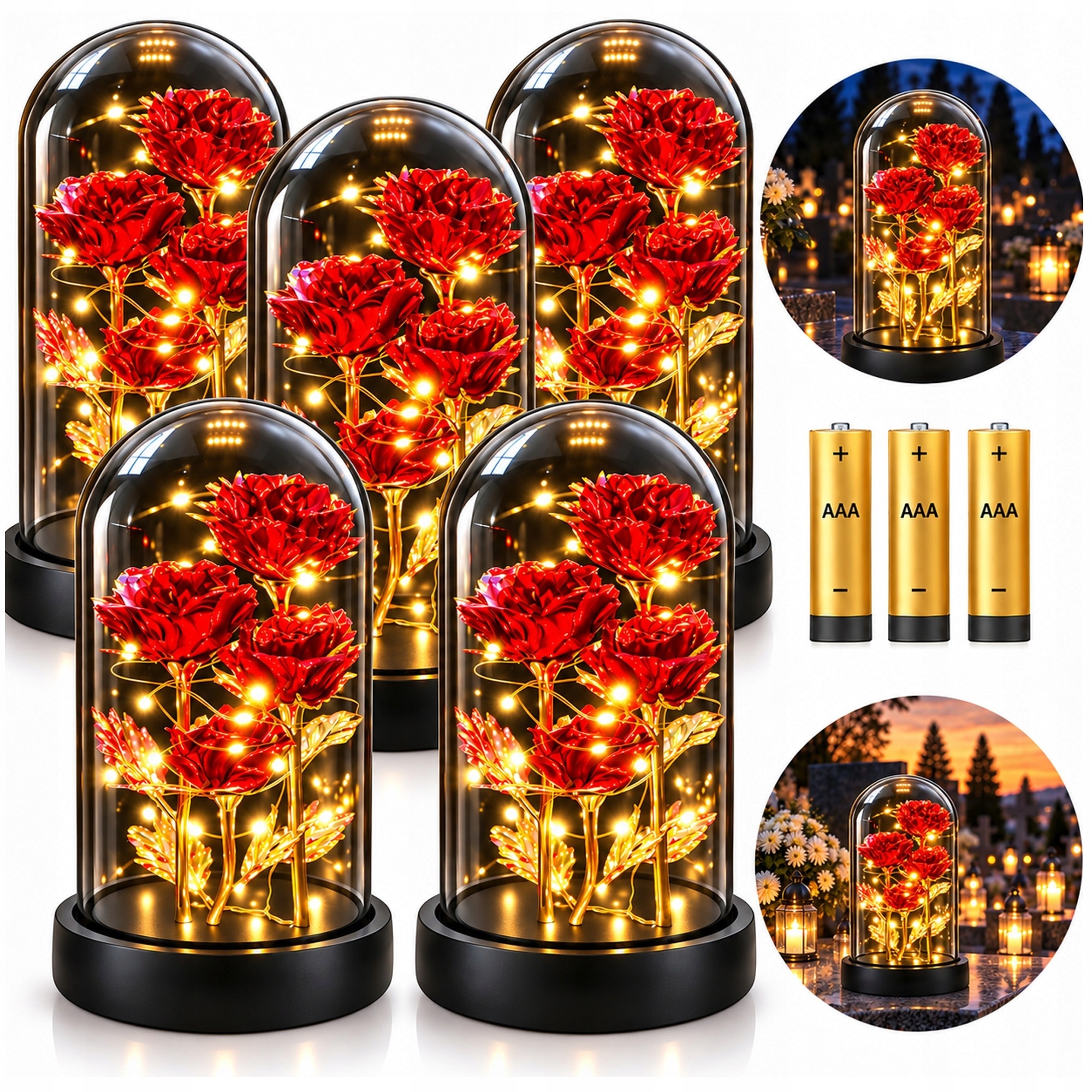 5 x Hřbitovní Svíčka Led Skleněný Velký Moderní Lampion Róza Věčná, Na Hřbitov Hrob
