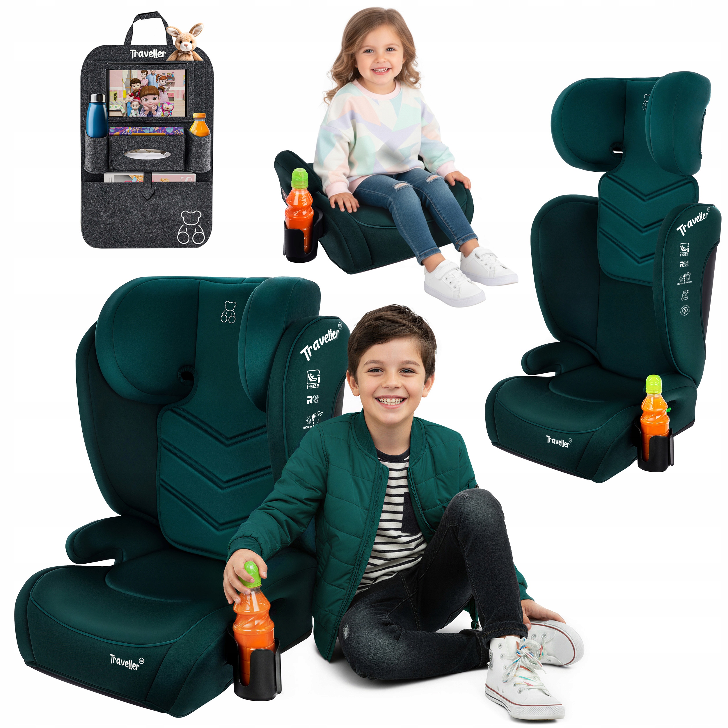 Fotelik Samochodowy 2w1 Podstawka 15-36kg Duży 100-150cm i-Size +organizer