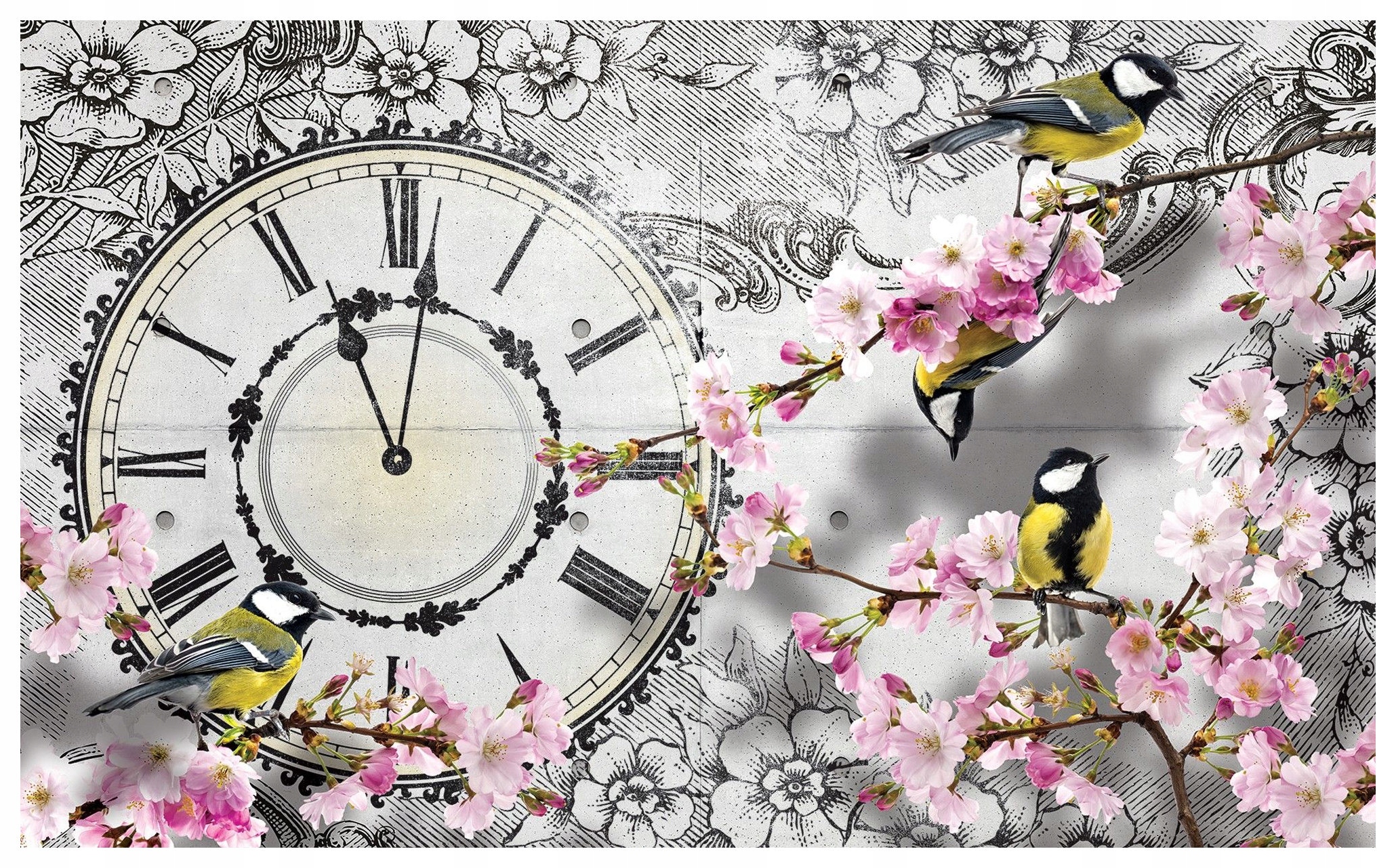 Vliesová fototapeta Hodiny Višně a ptáci Vintage do obývacího pokoje 200x140 lepidlo