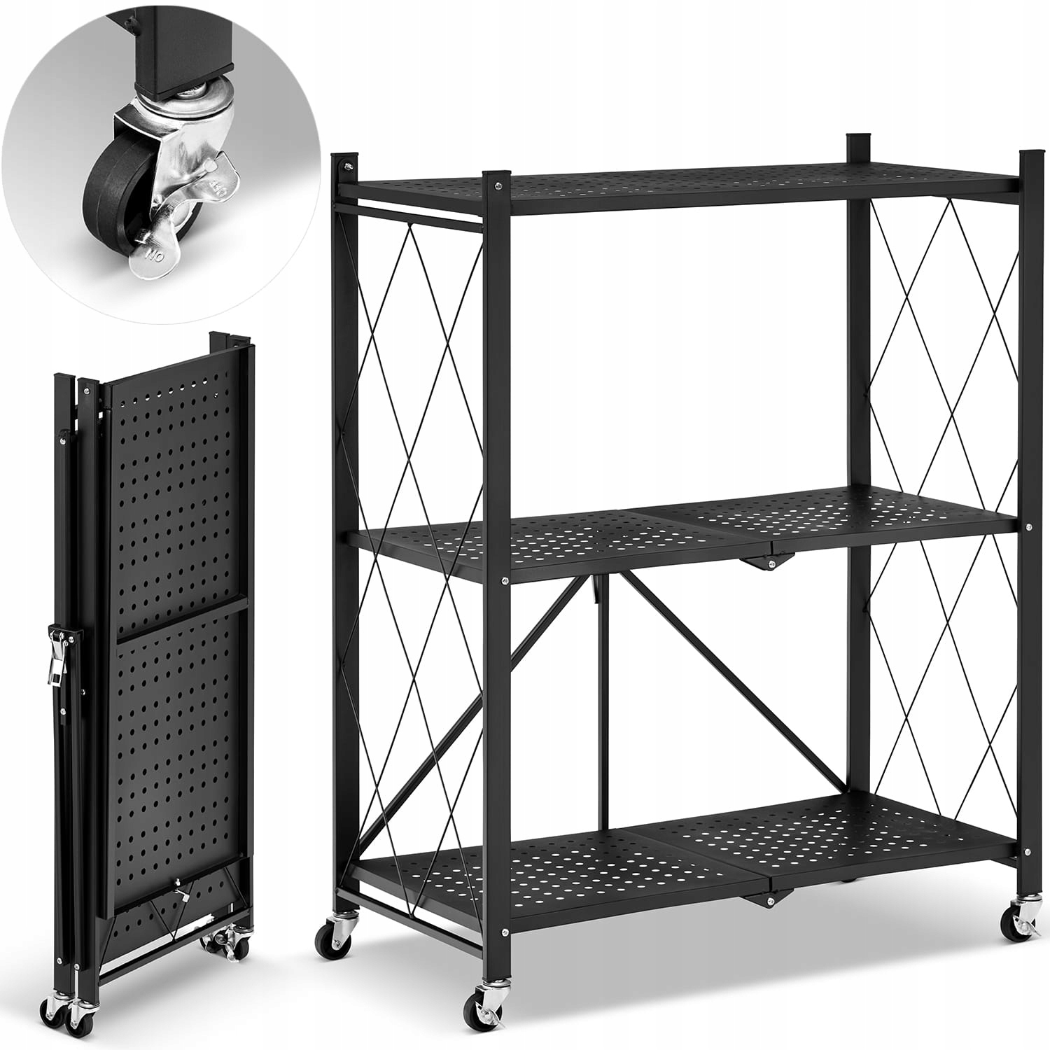 Kovový skládací skladový regál Higher na kolečkách, černý, 3 mobilní police