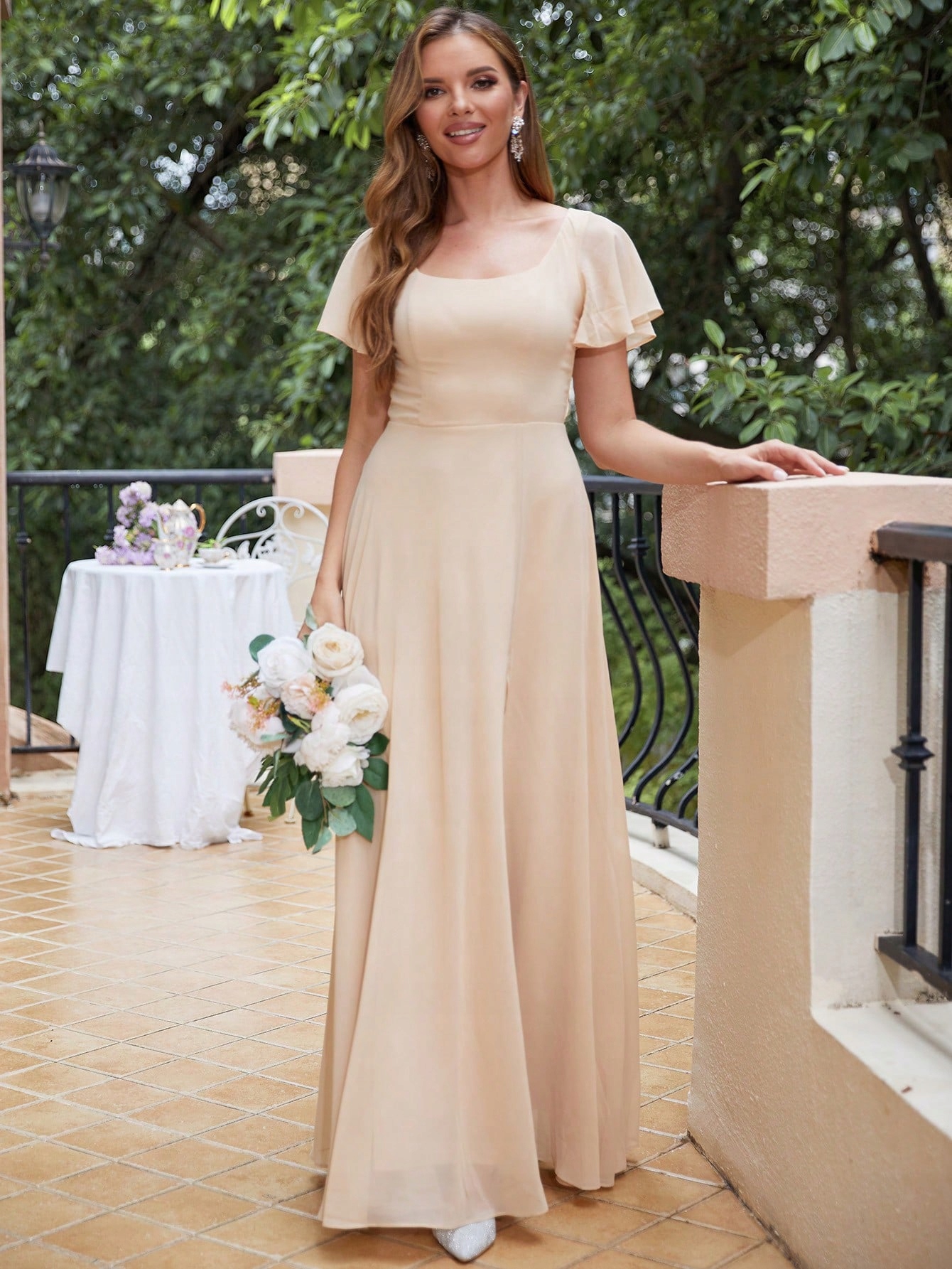 Šaty S Čtvercovým Výstřihem, Béžová Shein, Velikost 36