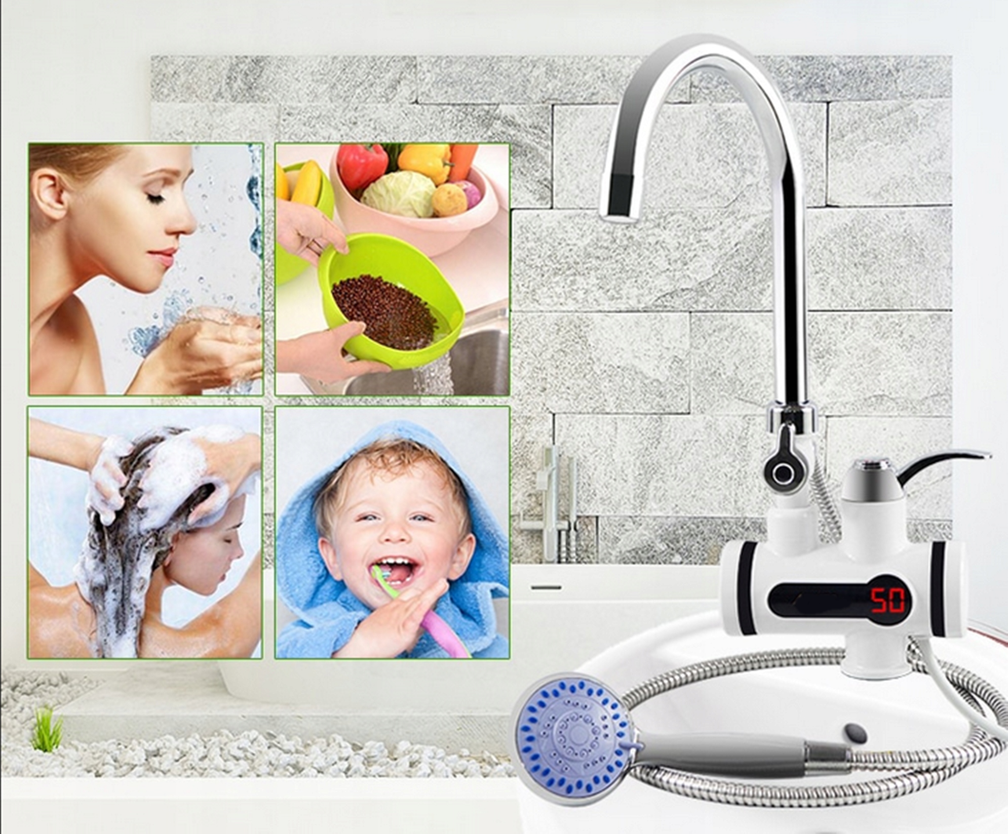 PRZEPŁYWOWY PODGRZEWACZ WODY PRYSZNIC 3000 W LCD MONTAŻ DO ŚCIANY KRAN Moc 3000 W