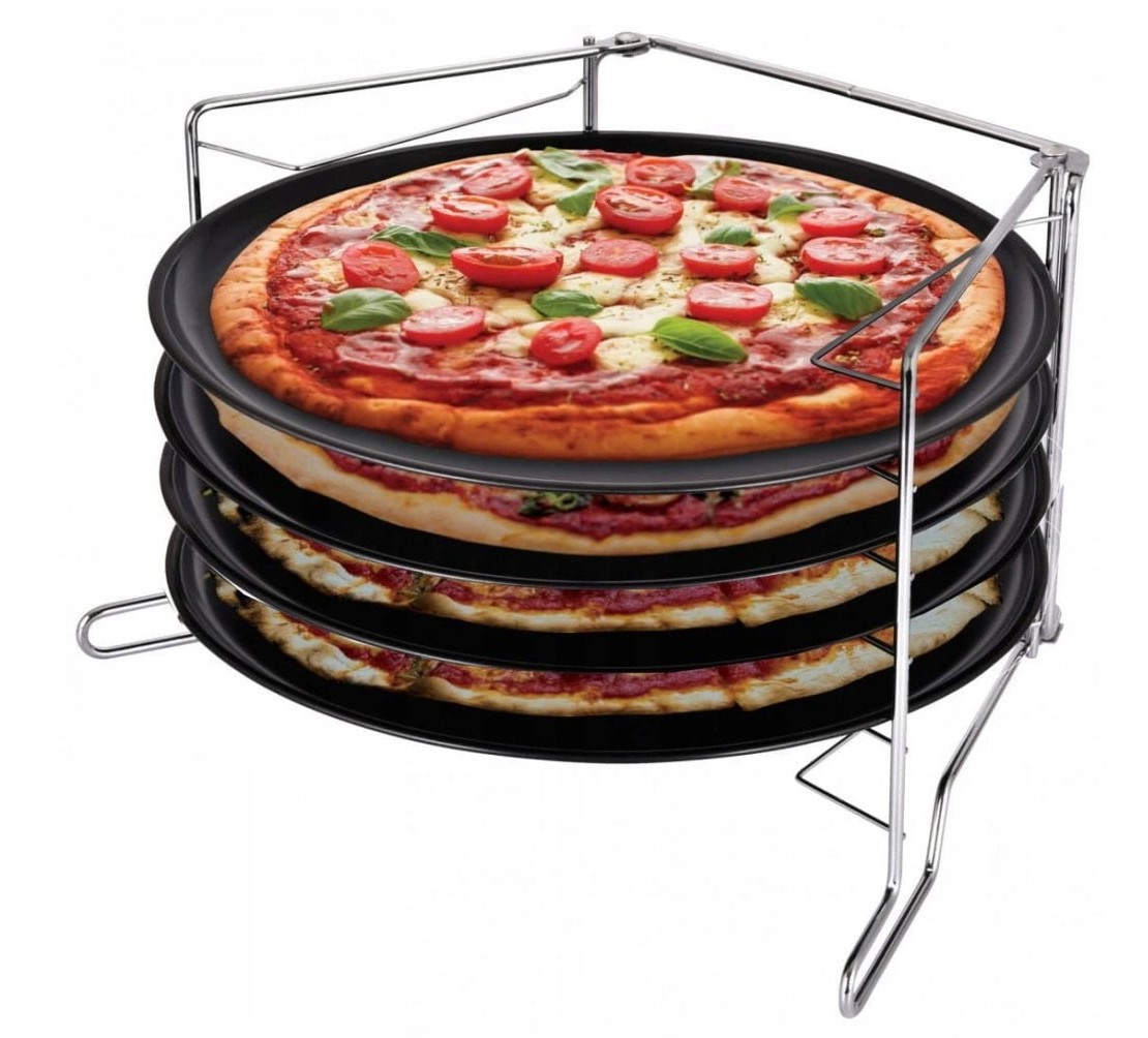 

Zestaw 4 Blach Form Do Pizzy Ze Stojakiem 28CM