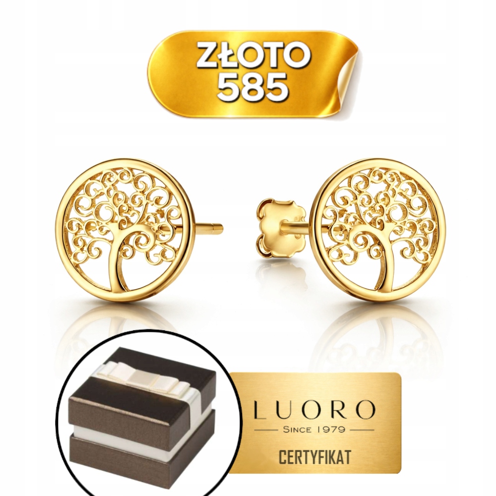 Náušnice Zlaté 585 14K Stromek Štěstí V Kroužku 8,6 MM Tyčinka