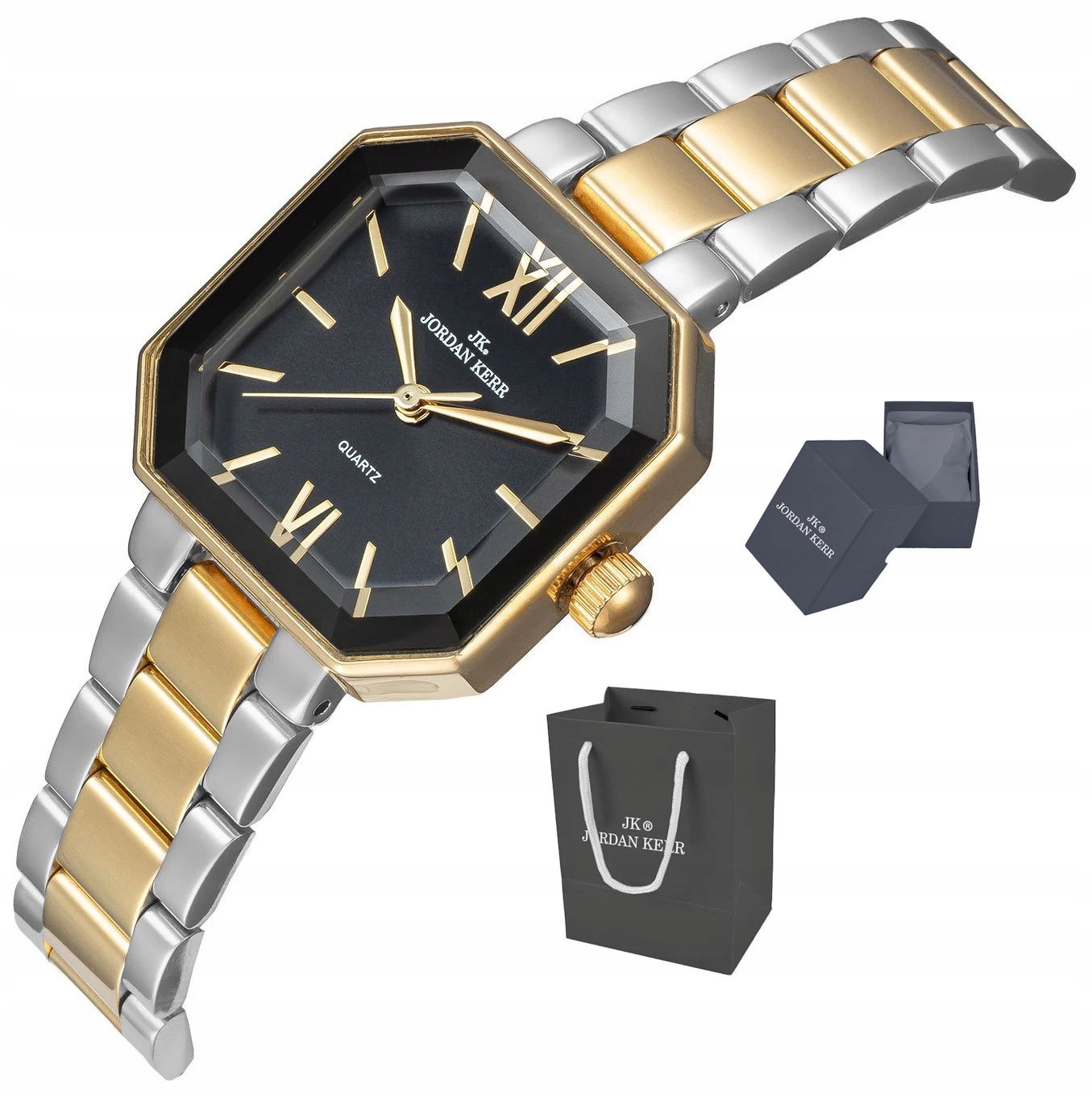 Dámské Elegantní Zlaté Černé Hodinky Jordan Kerr P9005 26 mm Zkosené Sklo