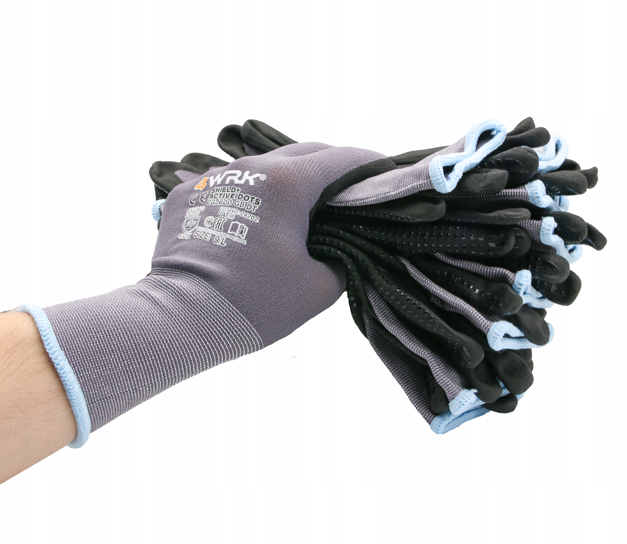 NYLONOWE RĘKAWICE ROBOCZE WYTRZYMAŁE NYLON SPANDEX NITRYL PVC XL-10 Model SHIELD ACTIVE DOTS