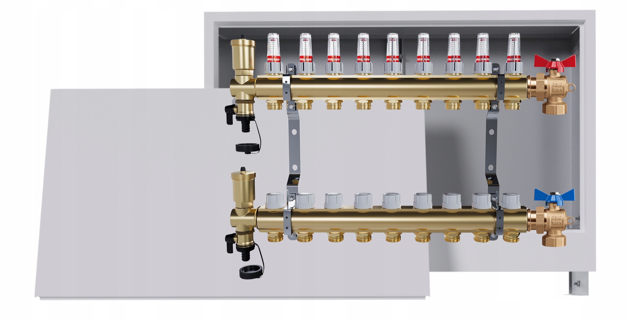 Rozdělovač podlahových krytin mosazný 9 okruhů Podomítková skříňka 2 ventily