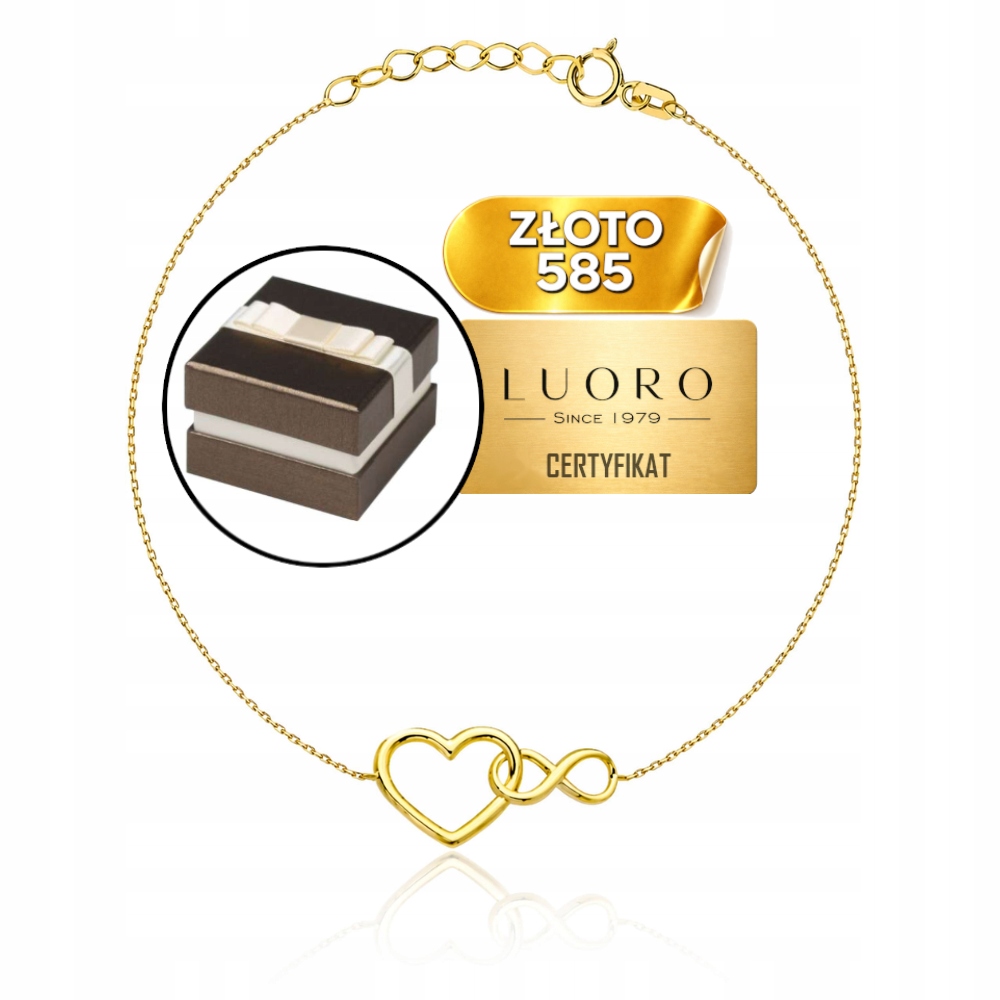 Náramek Zlatý 585 14K Srdce A Nekonečno 17,5 CM Nastavitelný