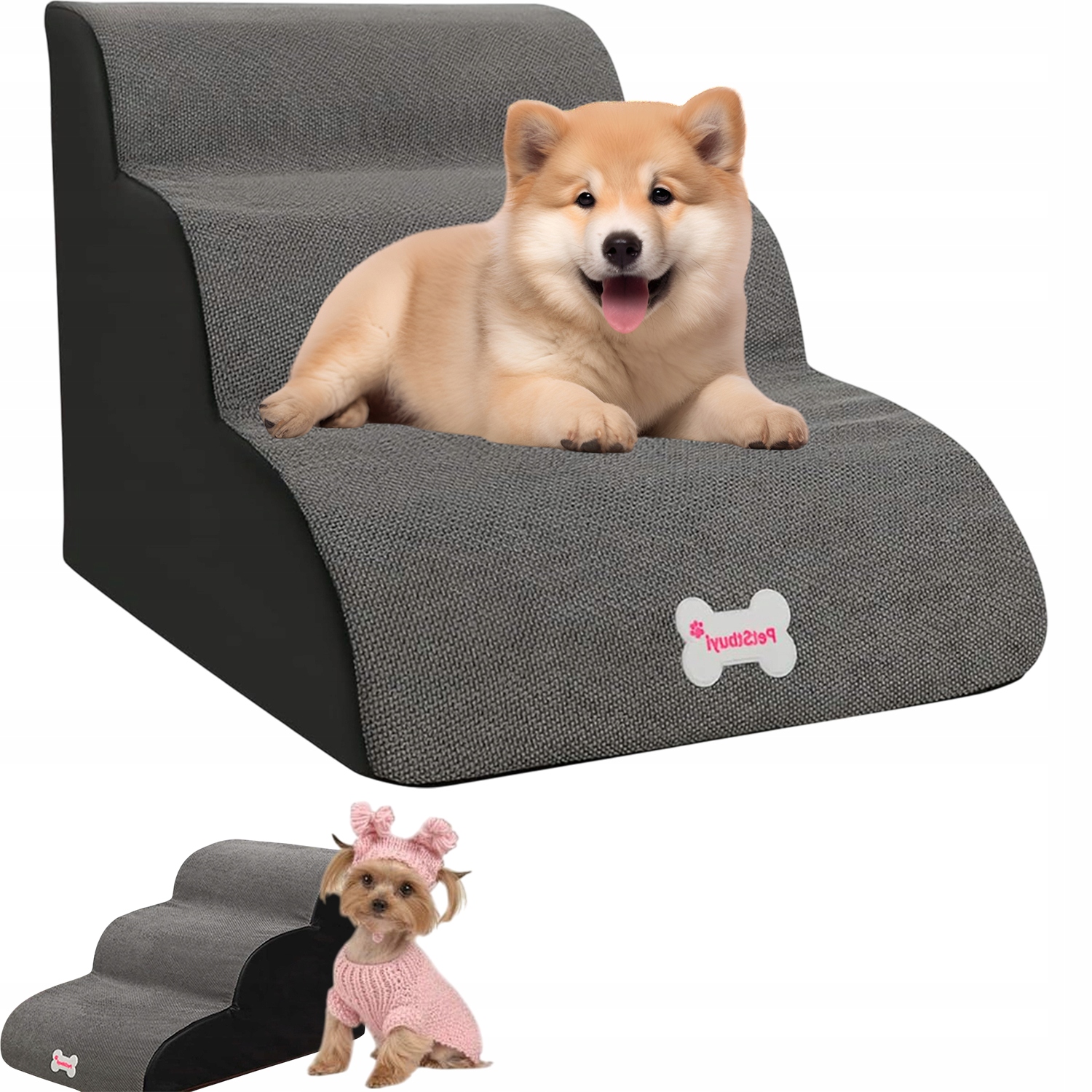 Levně Schody Pro Psa A Kočku, Praktické, 3 Stupně, Vysoká Pěna, Šedá Barva