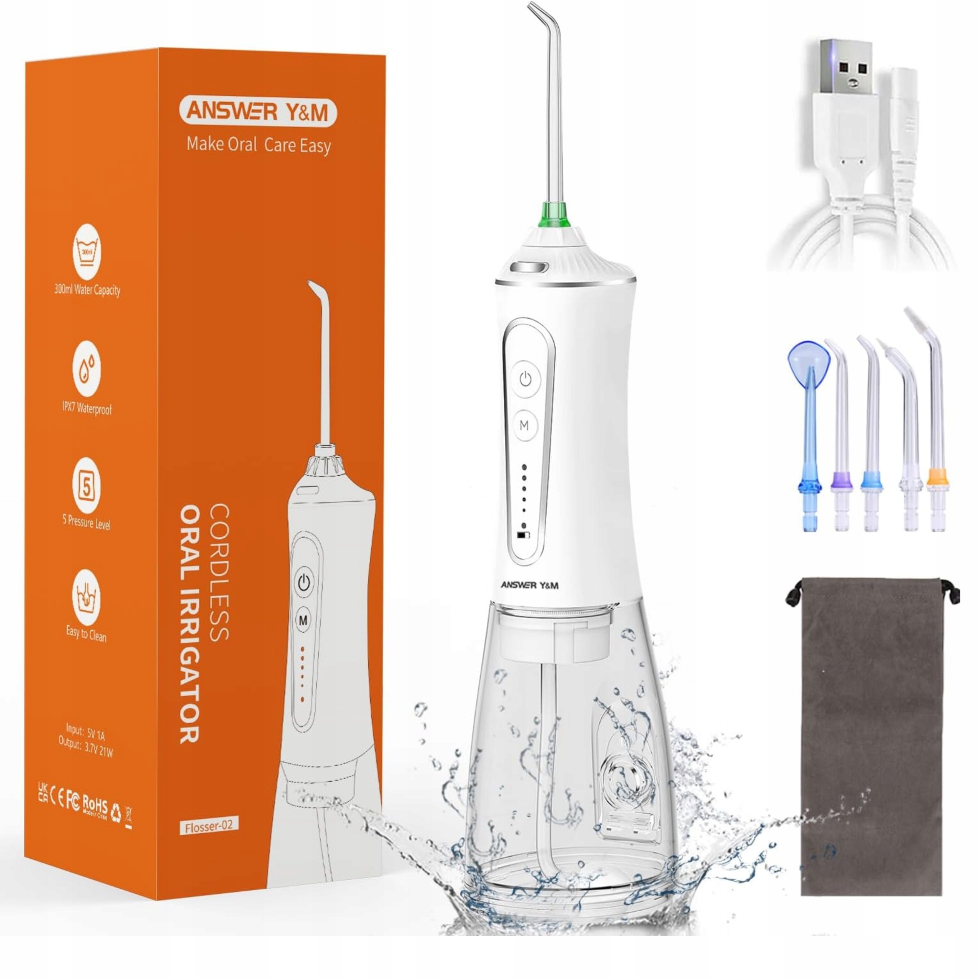 Irygator bezprzewodowy do zębów Answer Y&m 300ml 5 trybów IPX7 Usb mocny