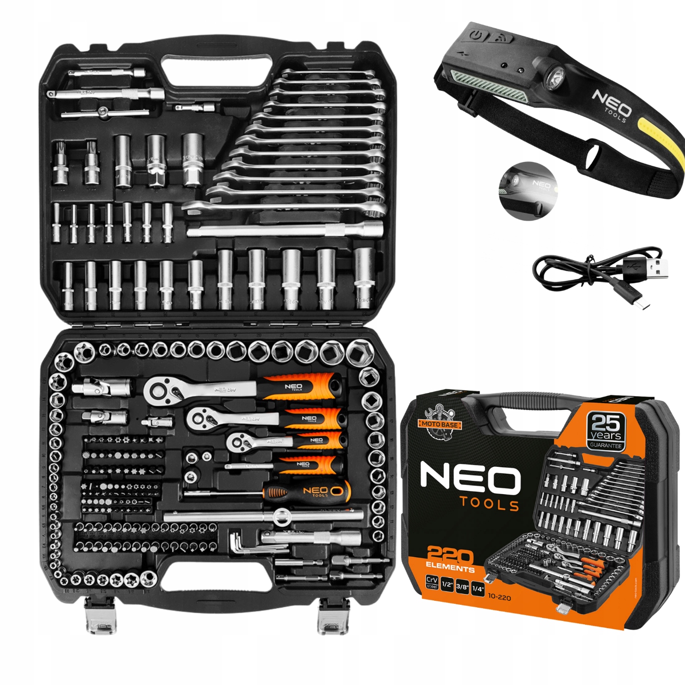 Neo Sada nástrčných kľúčov 220 ks 1/2 3/8 1/4 Baterka 2v1 Čelná Led