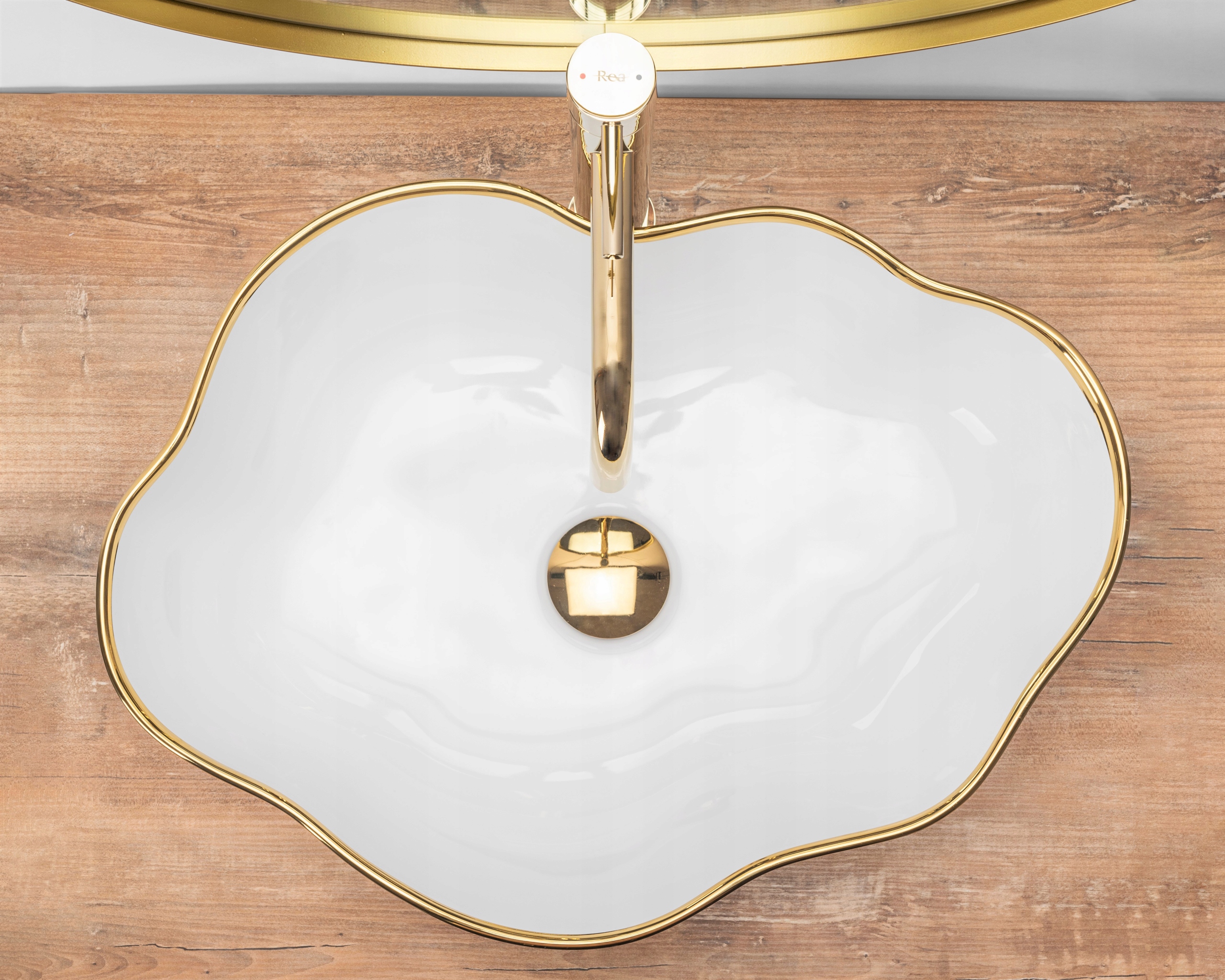 UMYWALKA NABLATOWA ASYMETRYCZNA REA PEARL GOLD EDGE BIAŁO ZŁOTA 51x37 cm Marka Rea