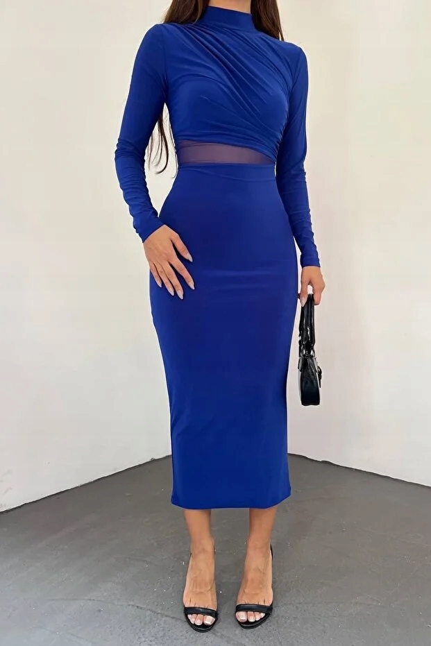 Dlouhá Tmavě Modrá Šaty Elegantní S Dlouhým Rukávem A Pologolfem MIDI L 5GA
