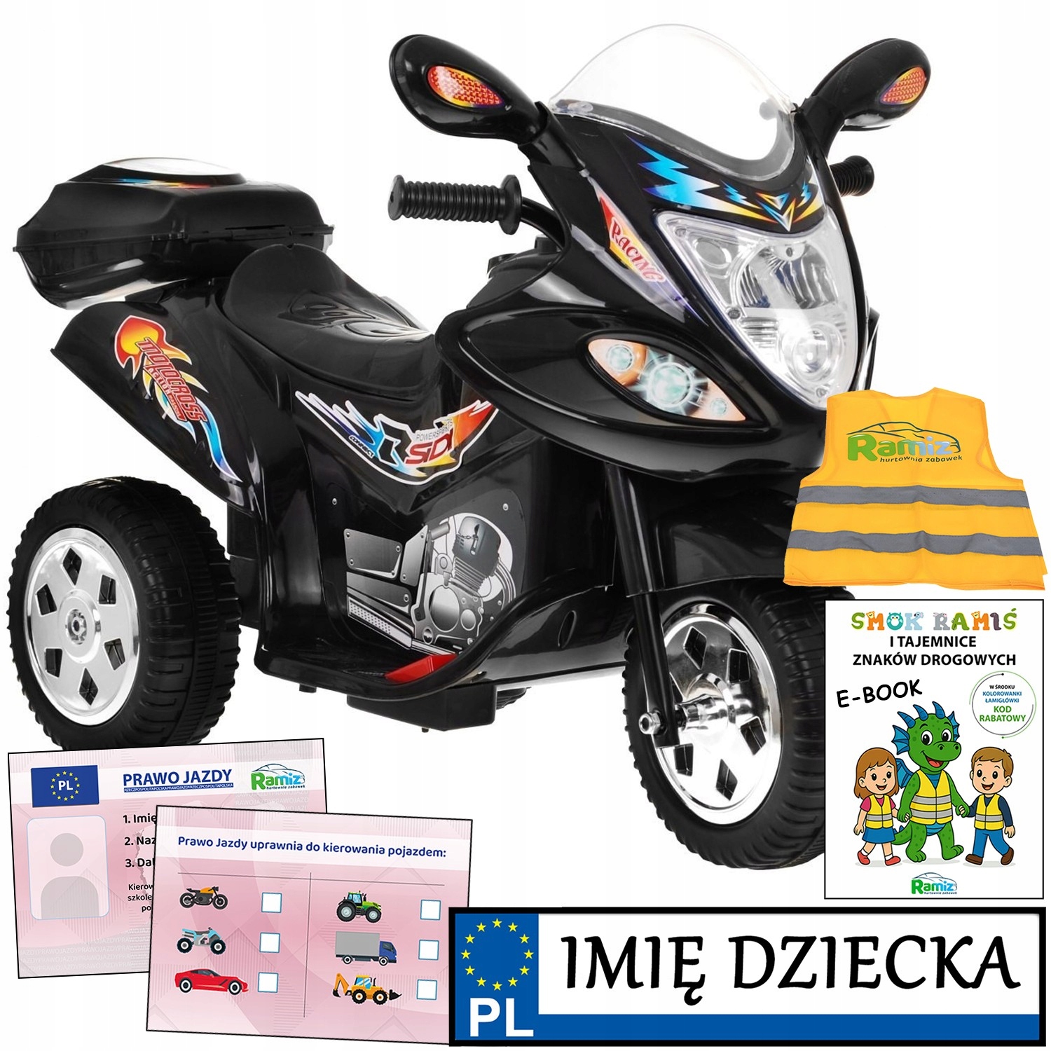 stabilny Trzykołowy Motorek melodyjki Personalizacja Tablic prawo jazdy