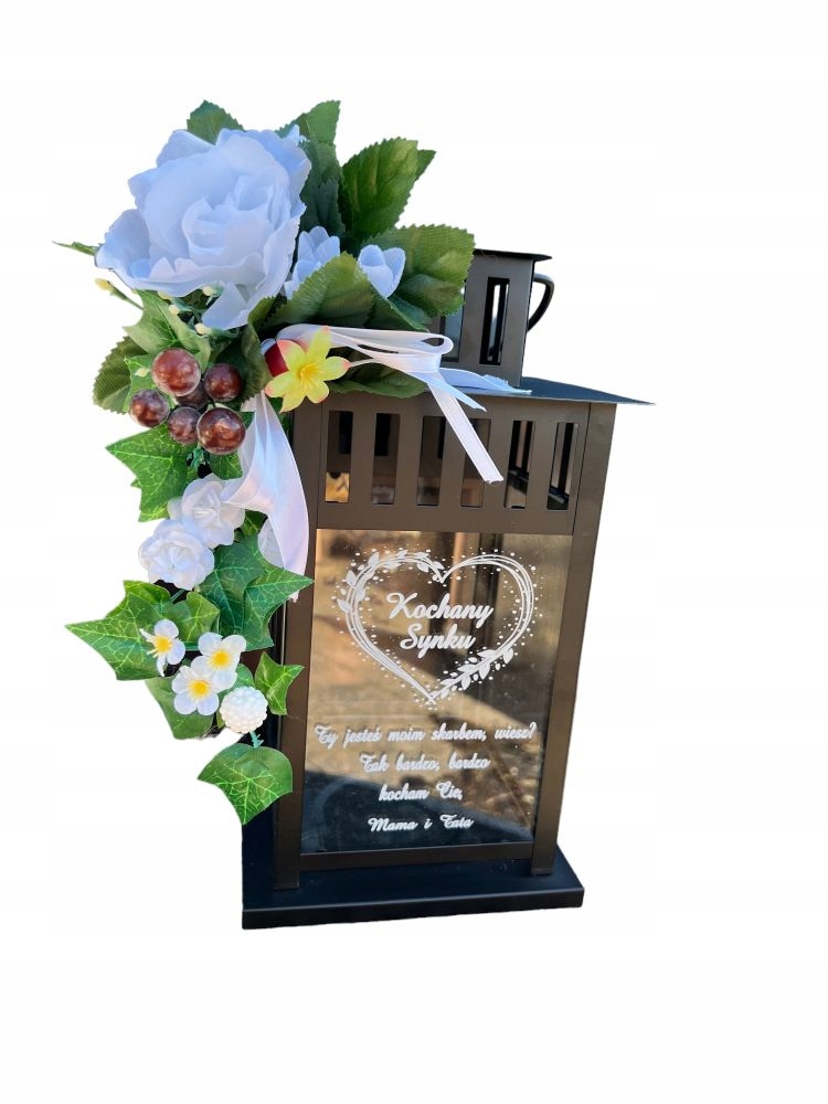 LAMPION róże białe, znicz dla babci, dziadka, mamy