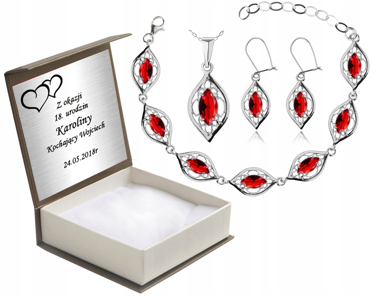 

Komplet Biżuterii Z Czerwonymi Cyrkoniami + Grawer