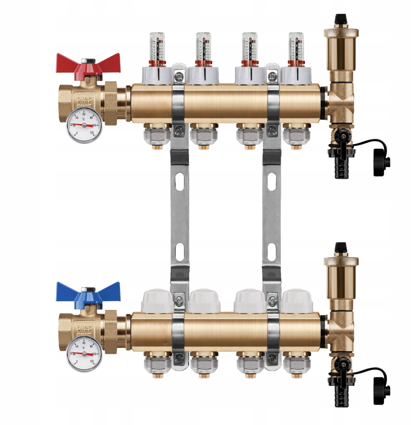 Rozdělovač podlahového vytápění 4 +pex Kulový Ventil Jednoduchý Teploměr