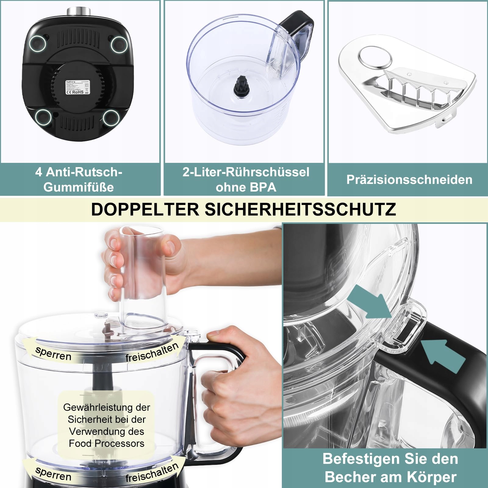 TOPSTRONG Robot Kuchenny 800W 2L Czarny 3 Prędkości Robot Wielofunkcyjny — miniatura 5