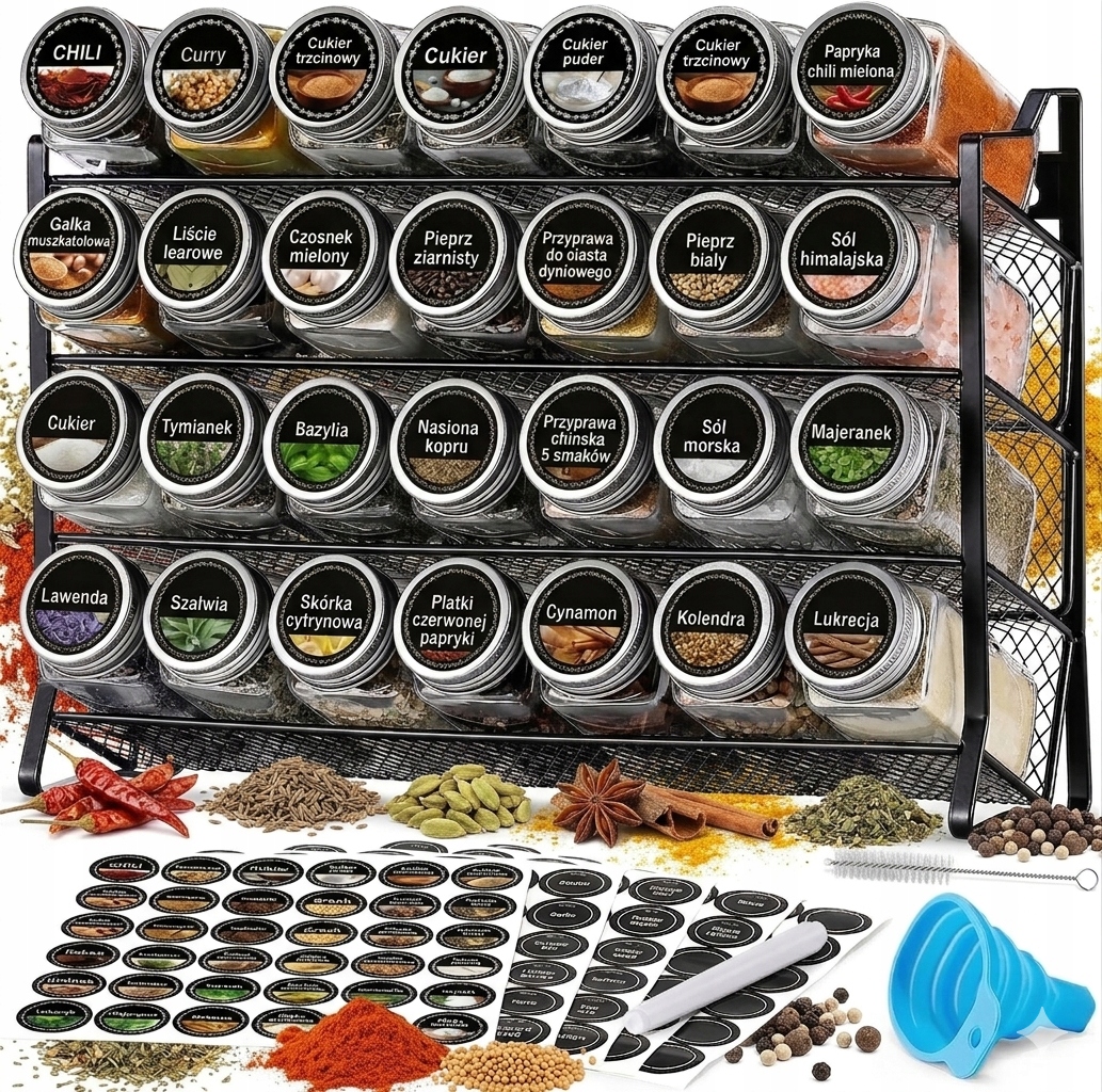 Pojemniki Na Przyprawy Stojak Na Przyprawy 28 Słoików Naklejki Marker Lejek