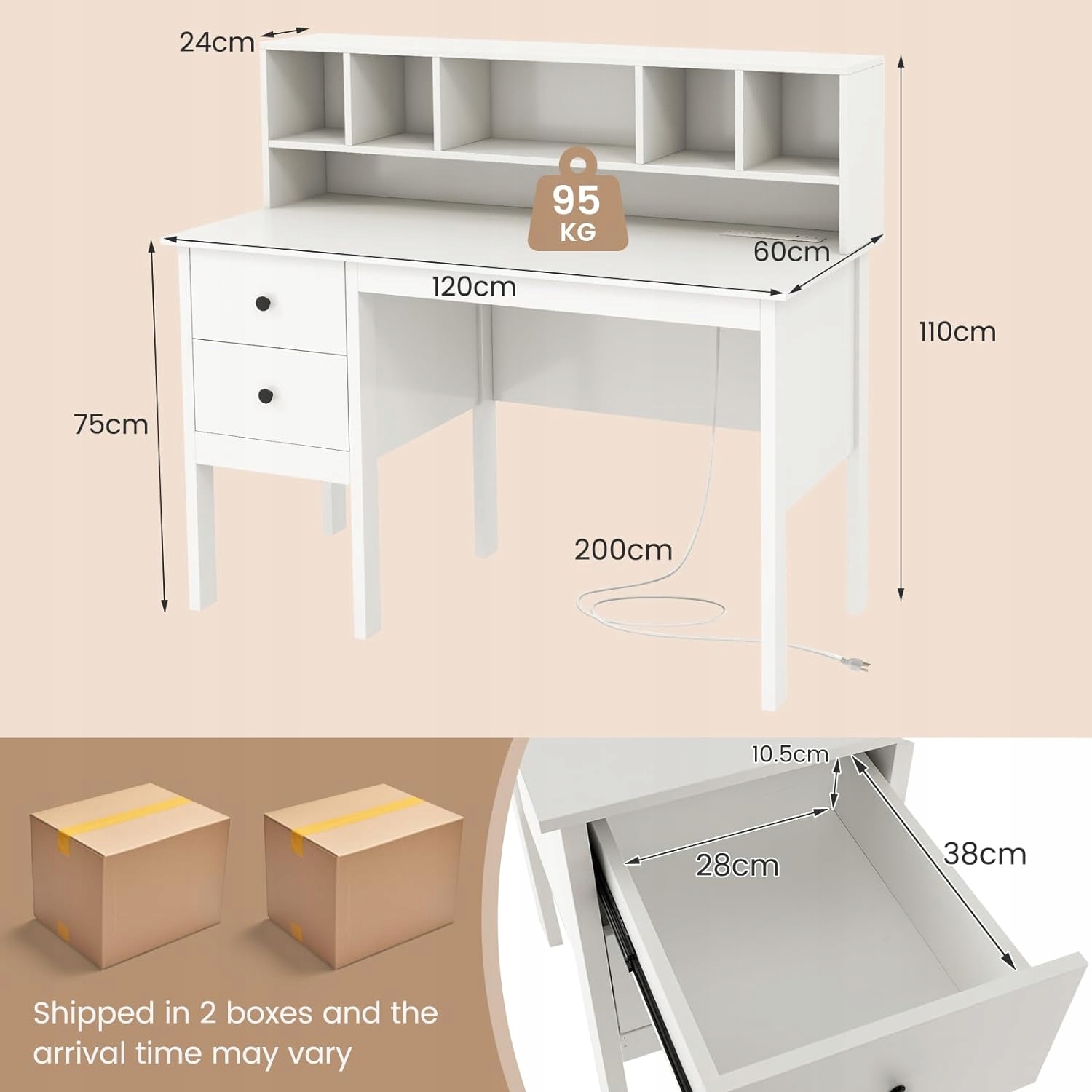 Biurko z portami USB do ładowania, z szufladami i 5 szafkami, białe Marka Goplus