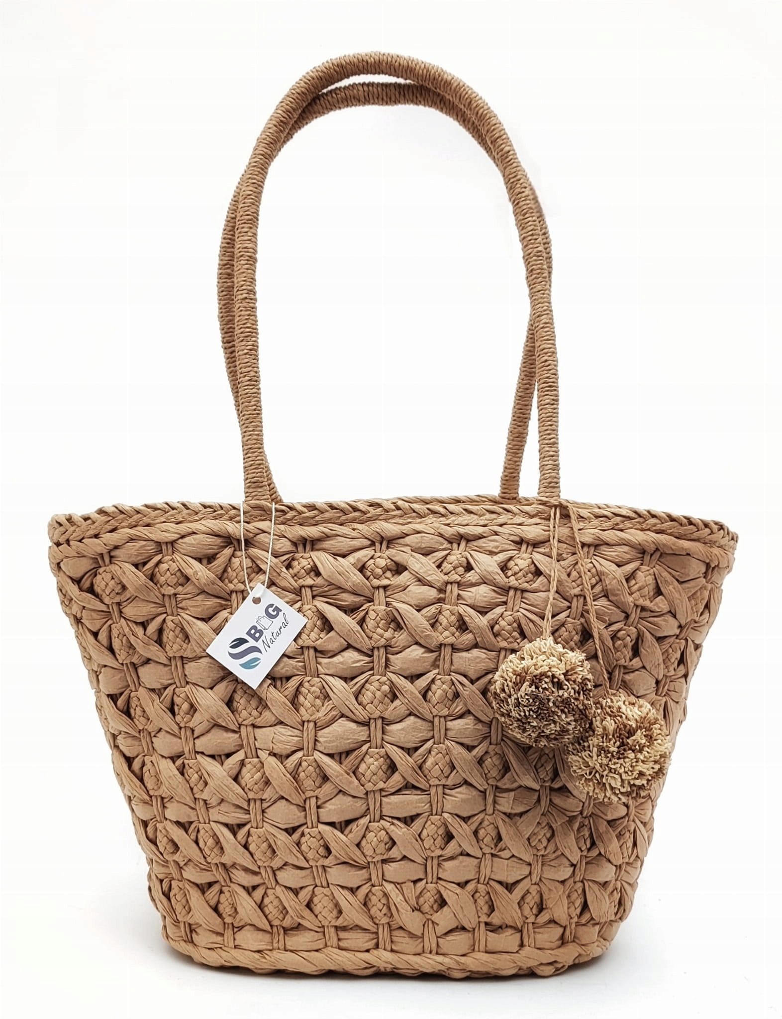 Torebka na lato pleciona koszyk z pomponami rafia